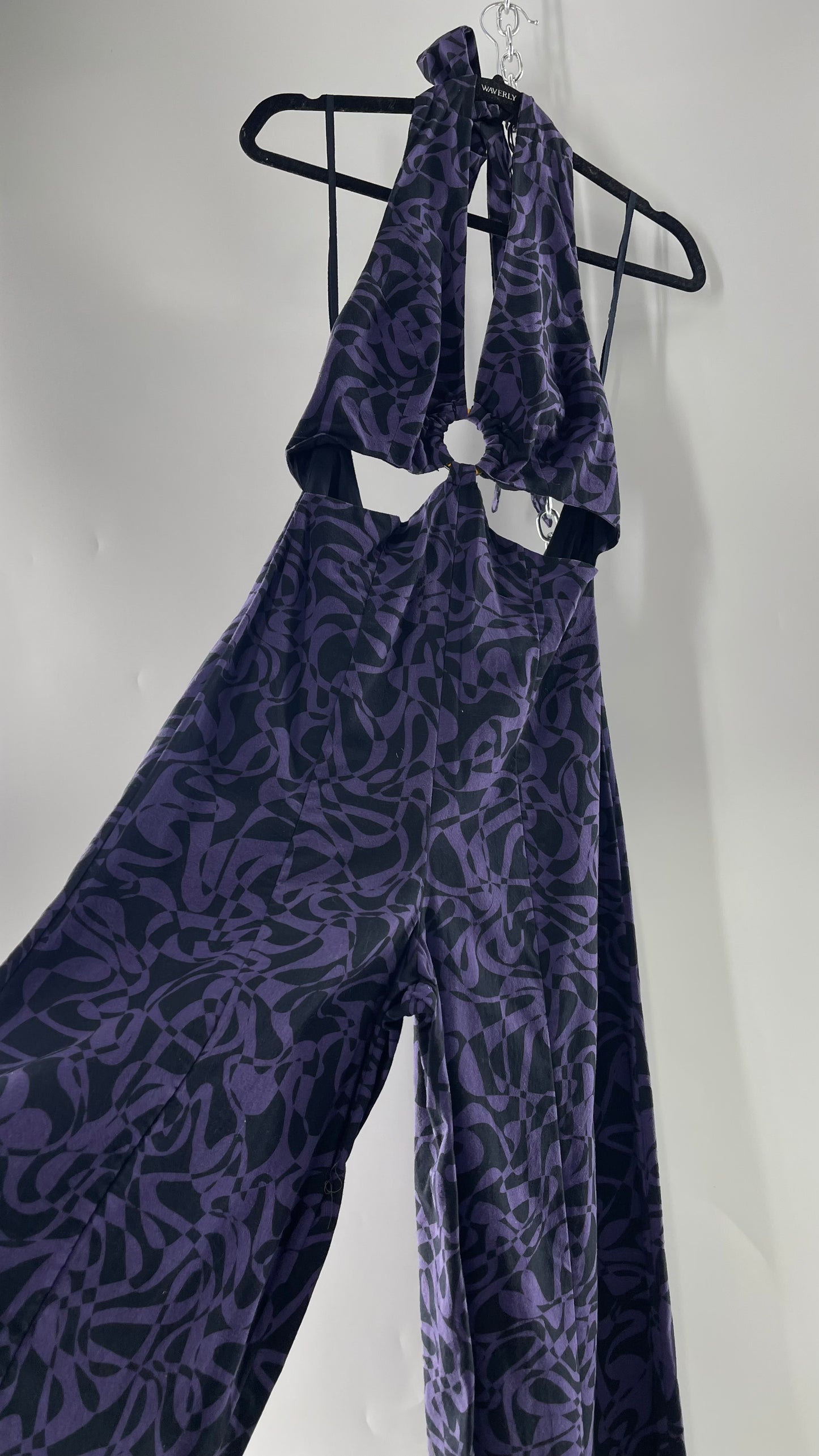 Free People Kira Retro Black and Purple Wide Leg Halter Jumpsuit with Tortoise Bust Loop (XS)