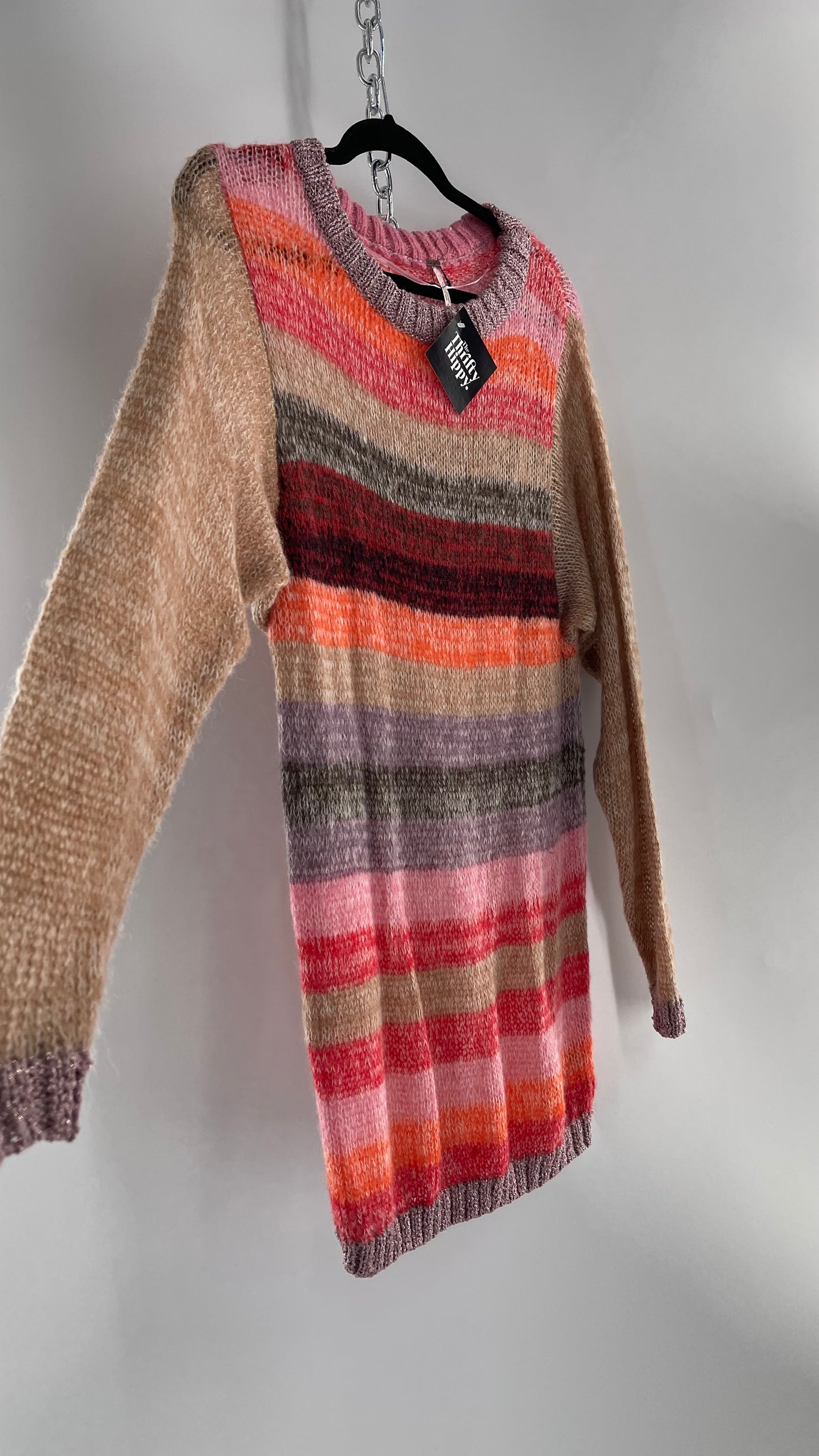 Free People Striped Sweater with Glitter Knit Cuffs and Collar (XS)