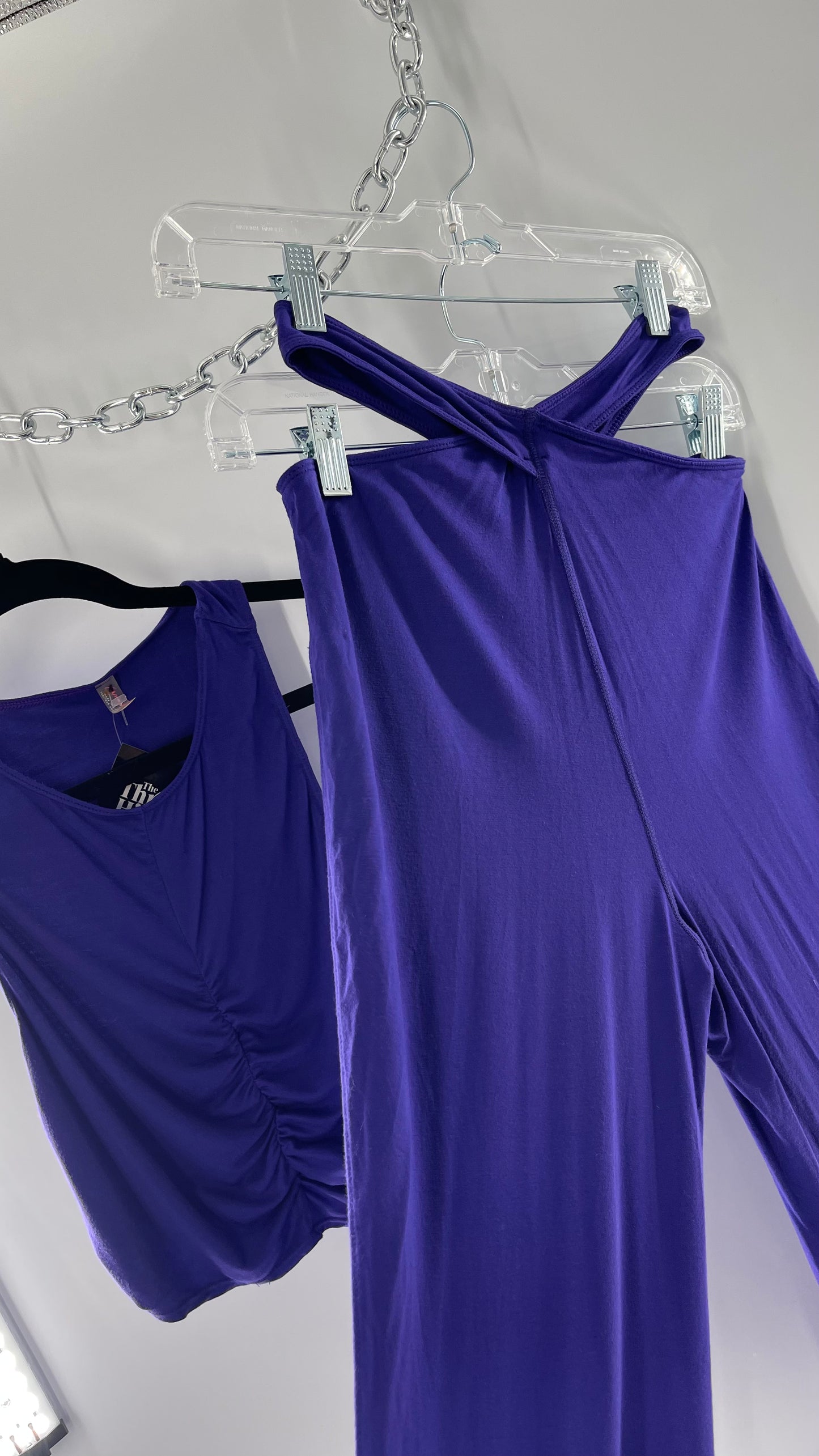 Free People 2 Piece Cobalt Purple Ruched Tank+ Cut Out Hip Strap Detail Flared Bottoms Set (Small)