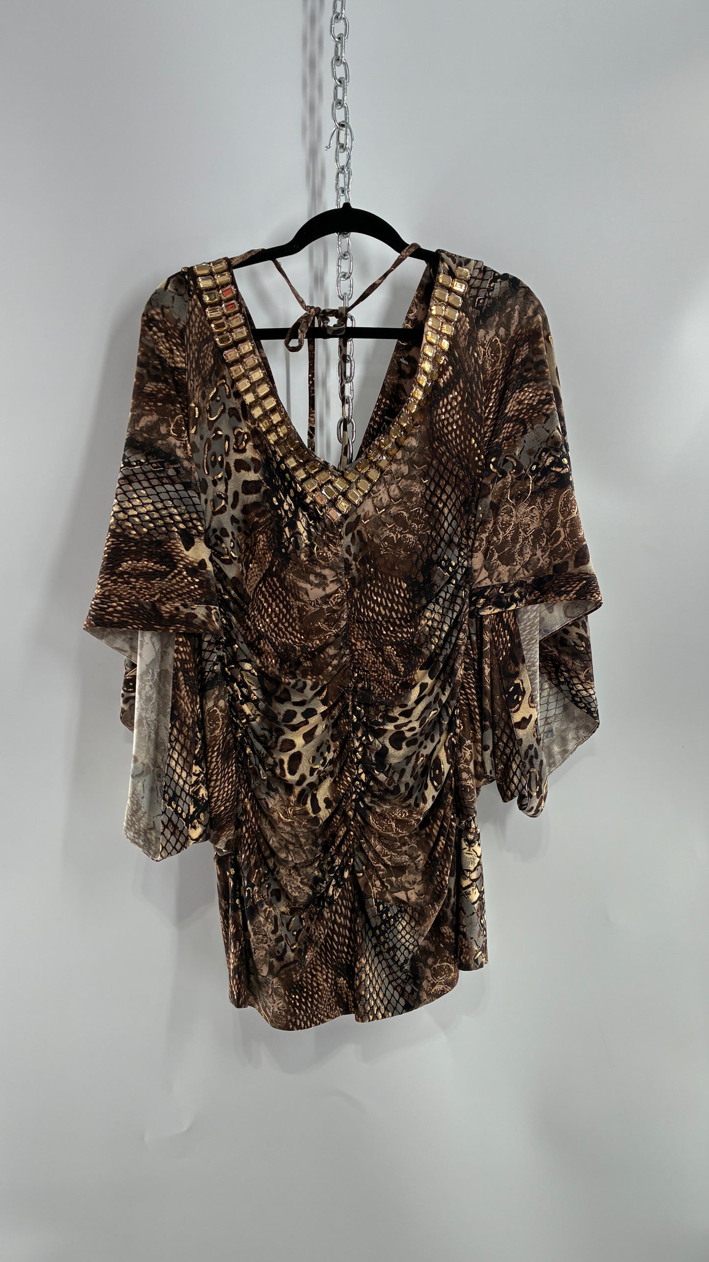 Vintage ZIZZI Metallic Animal Print Mini Dress with Draping Sleeves and Rhinestone Neckline (Large)