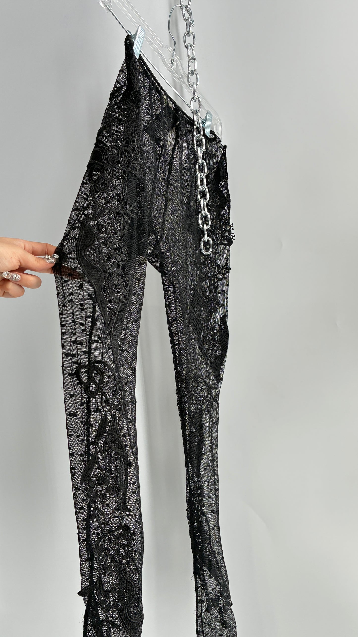 Staring at Stars Black Sheer Footless Tights with Lace Appliqué Design on Both Legs (XS)