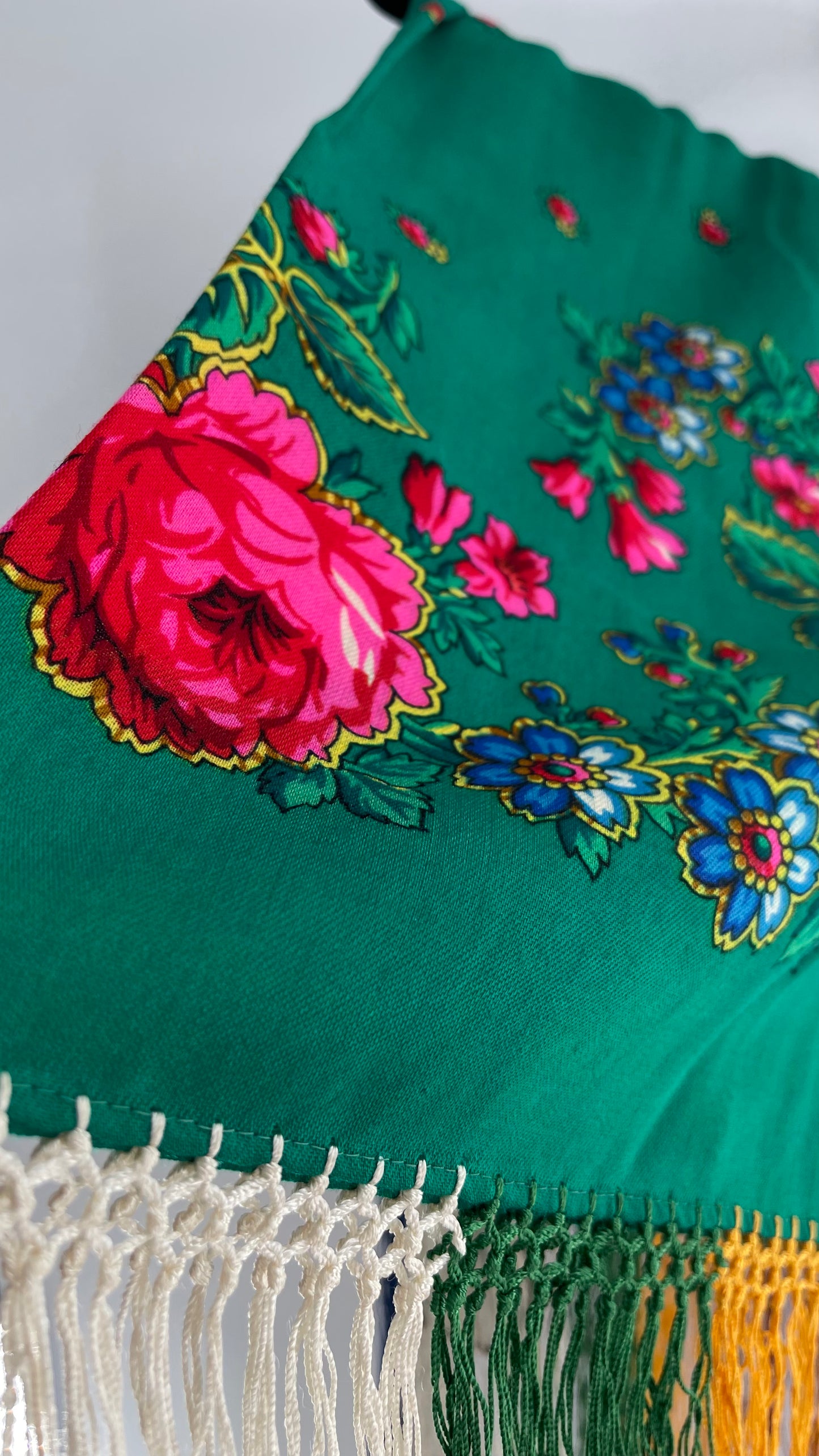 Vintage Shawl with Roses and Tassel Fringe