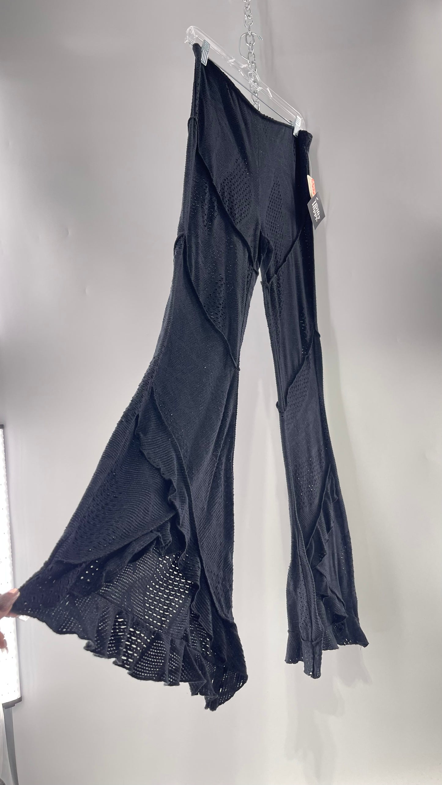 Free People Black Midnight Grey Mixed Pattern Kickflares with High Low Hem, Exposed Seams and Distressing Tags Attached (Medium)