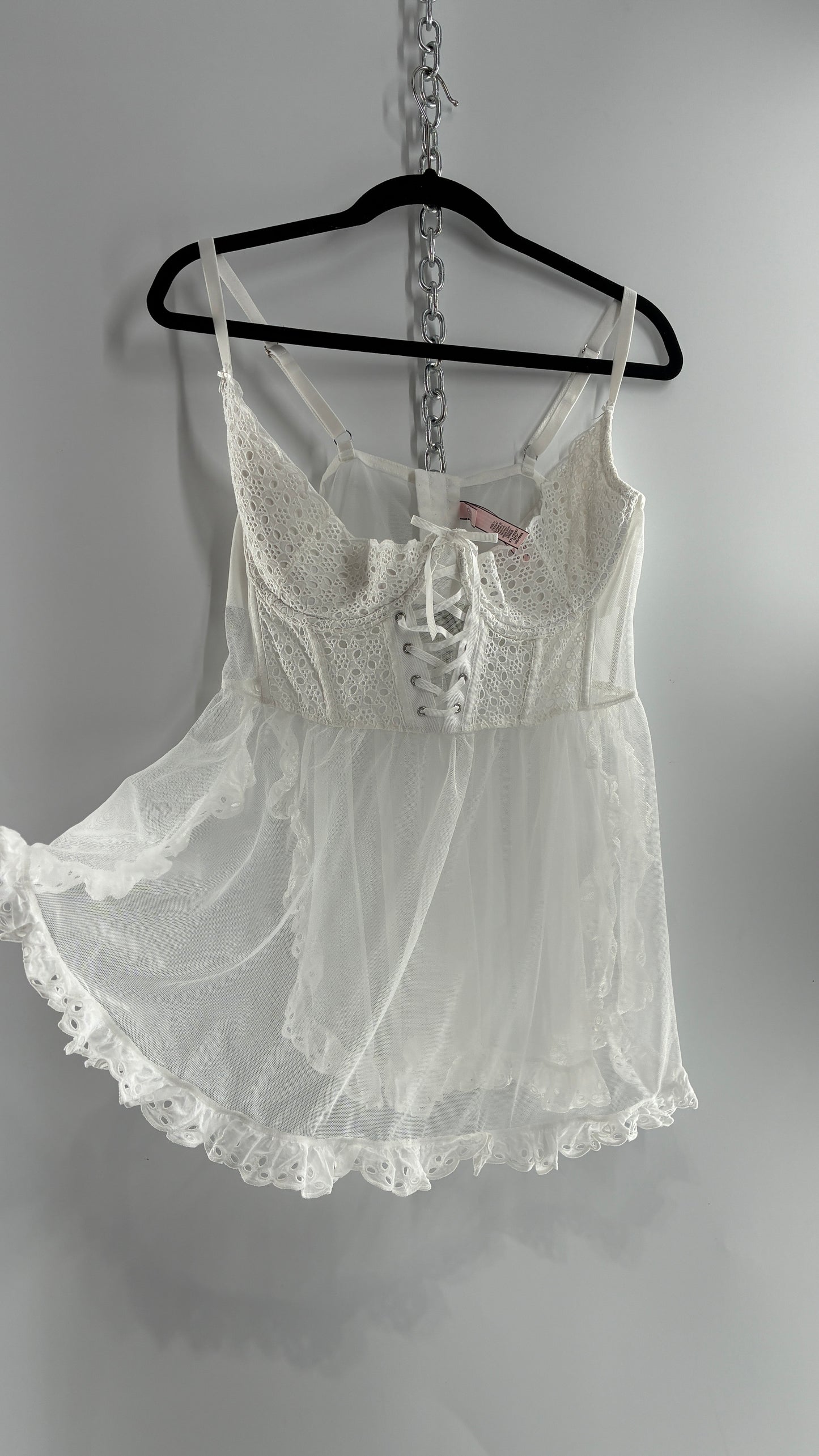 Vintage VICTORIA’S SECRET White Eyelet Lace Bustier with Mesh Skirt (XXL)