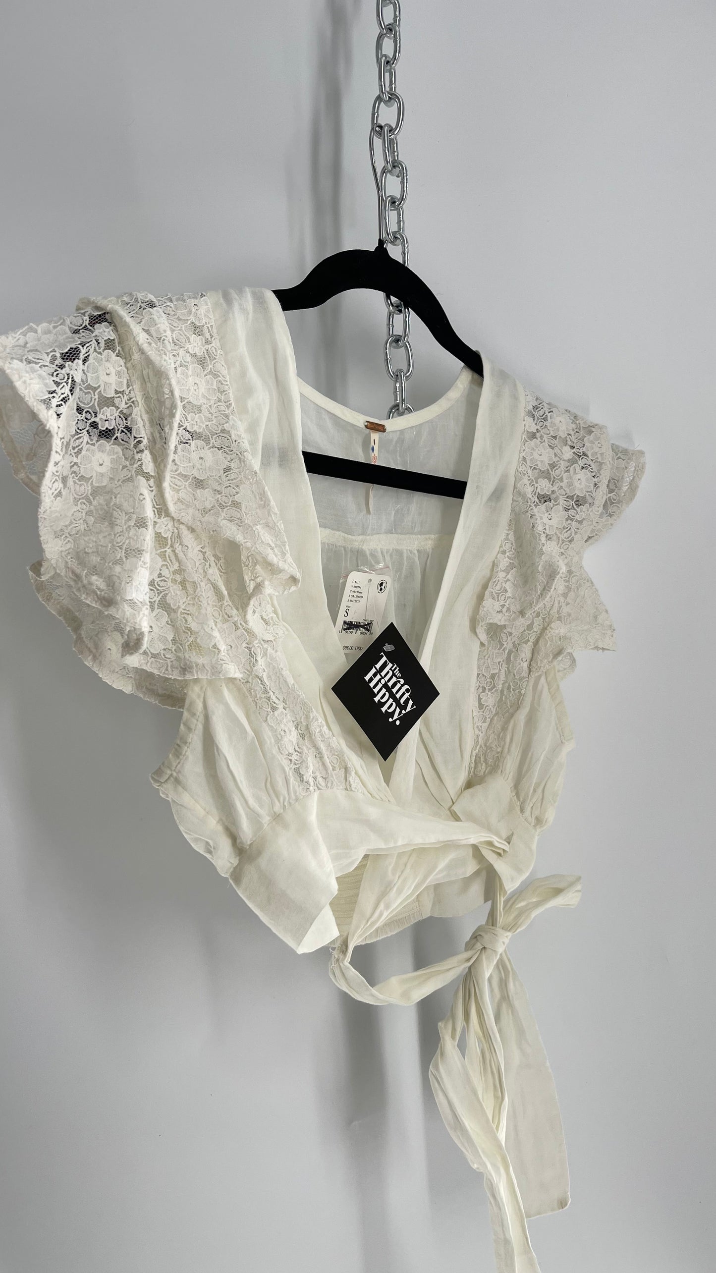 Free People Off White Cotton Tie Around Top with Lace Sleeve Detail and Tags Attached (Small)