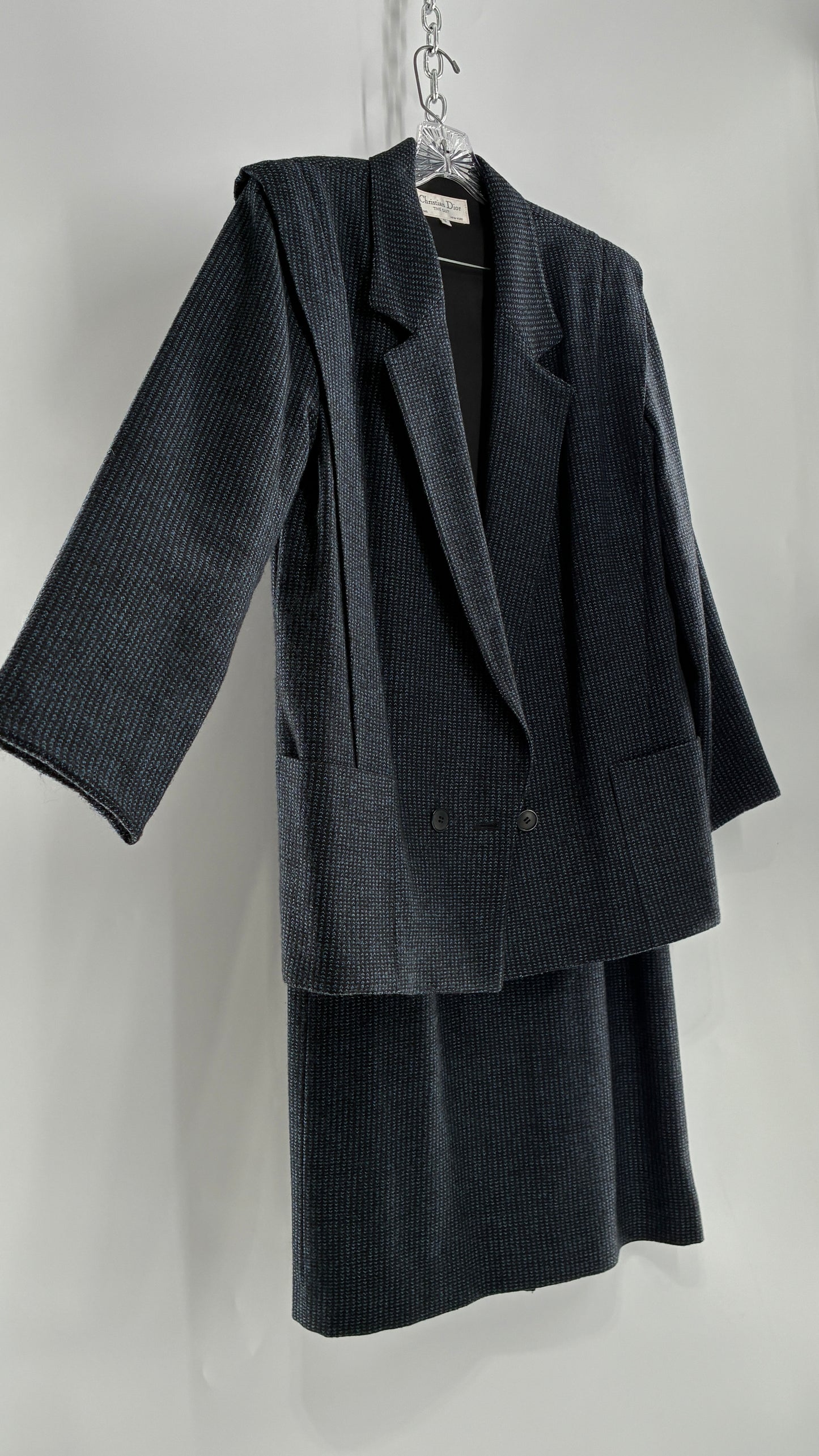Vintage CHRISTIAN DIOR Navy Woven Maxi Skirt and Oversized Lapel Style Blazer with Padded Shoulders (8)