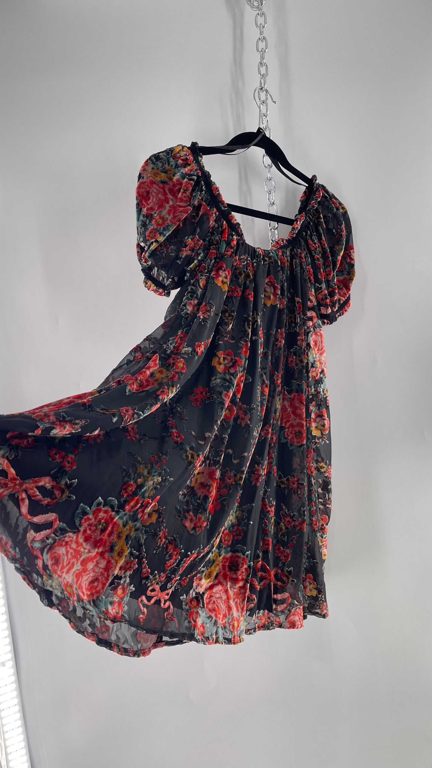 Free People Beautiful Blooms Velvet Florals Babydoll Dress (Small)