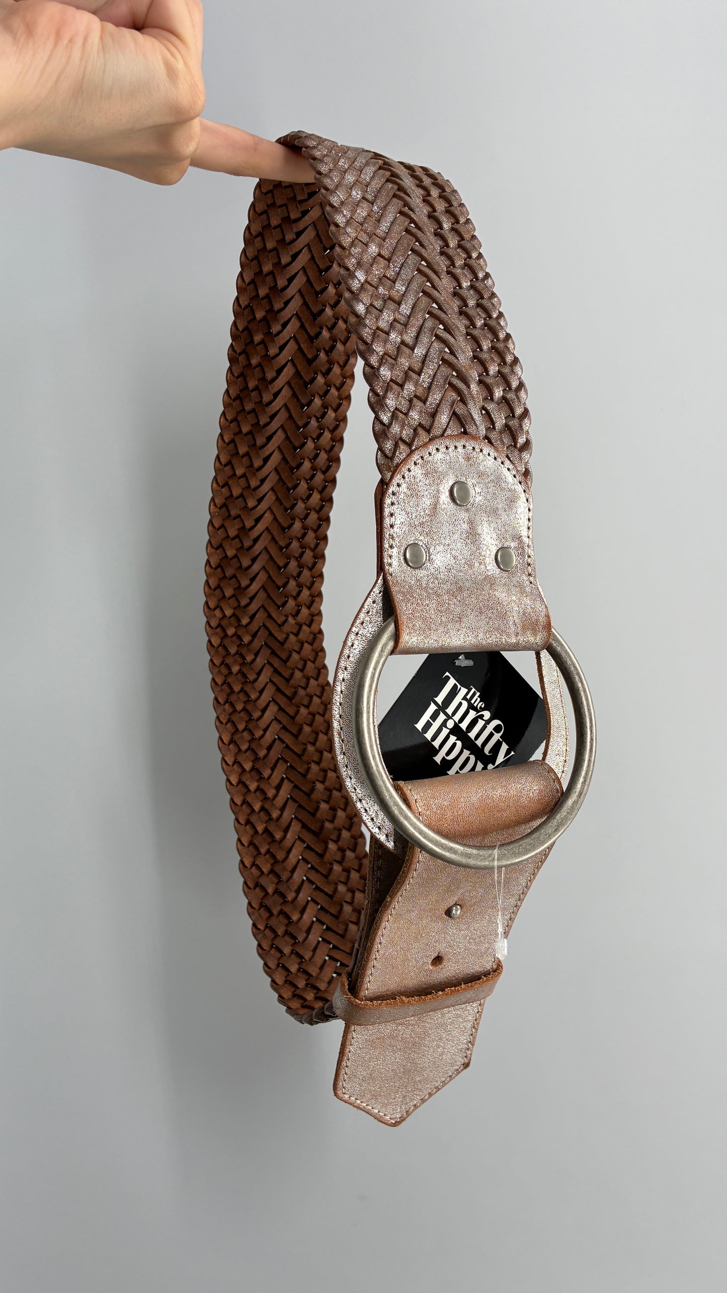 Vintage ARMANI Metallic Silver Thick Braided Leather Belt with Oversized Metal Loop Buckle (Small)