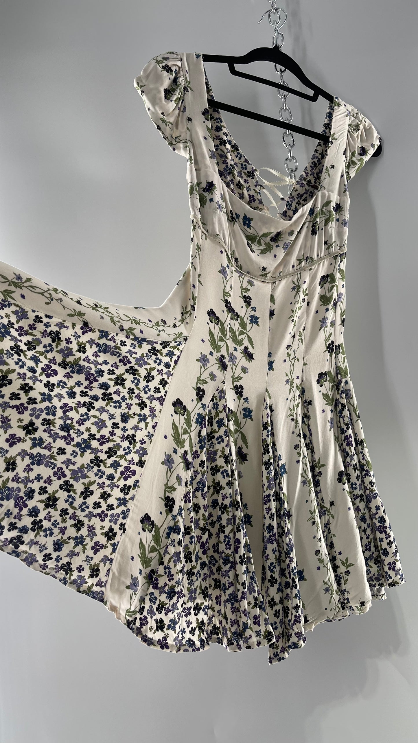 Free People Ivory Mini Dress with Violet Floral Pattern, Cap Sleeves and Lace Up Open Back (M)