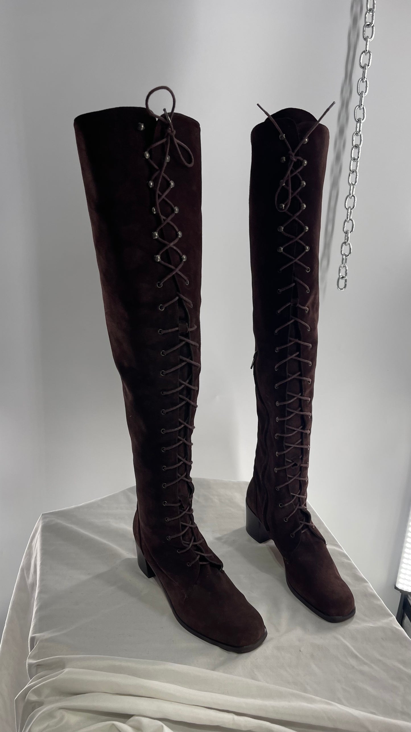 Vintage Kenneth Cole Over the Knee Brown Genuine Suede Leather Combat Boots (8.5)