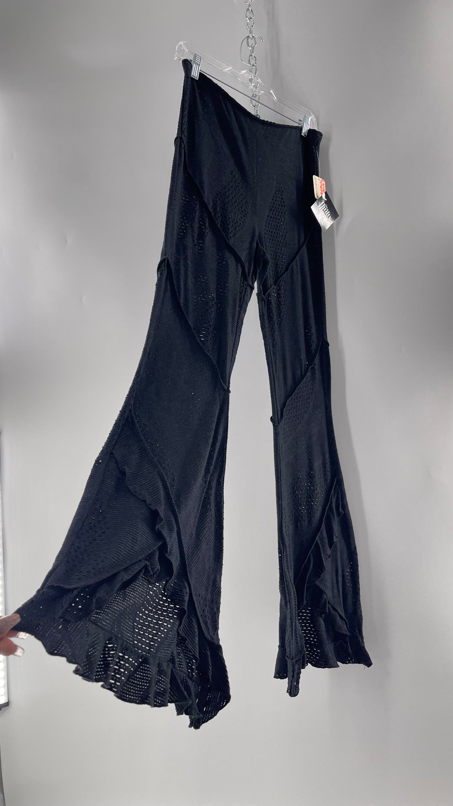 Free People Black Midnight Grey Mixed Pattern Kickflares with High Low Hem, Exposed Seams and Distressing Tags Attached (Medium)