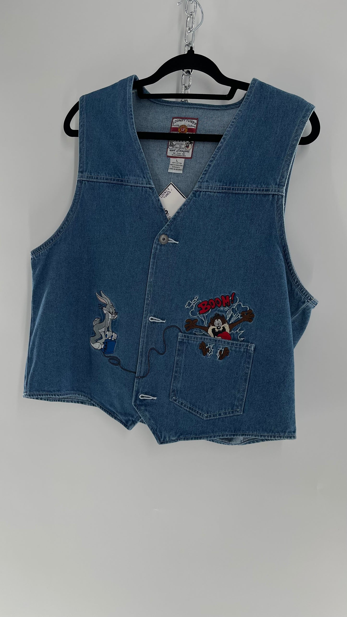 Vintage Looney Tunes Denim Vest with Embroidered Characters (Large)
