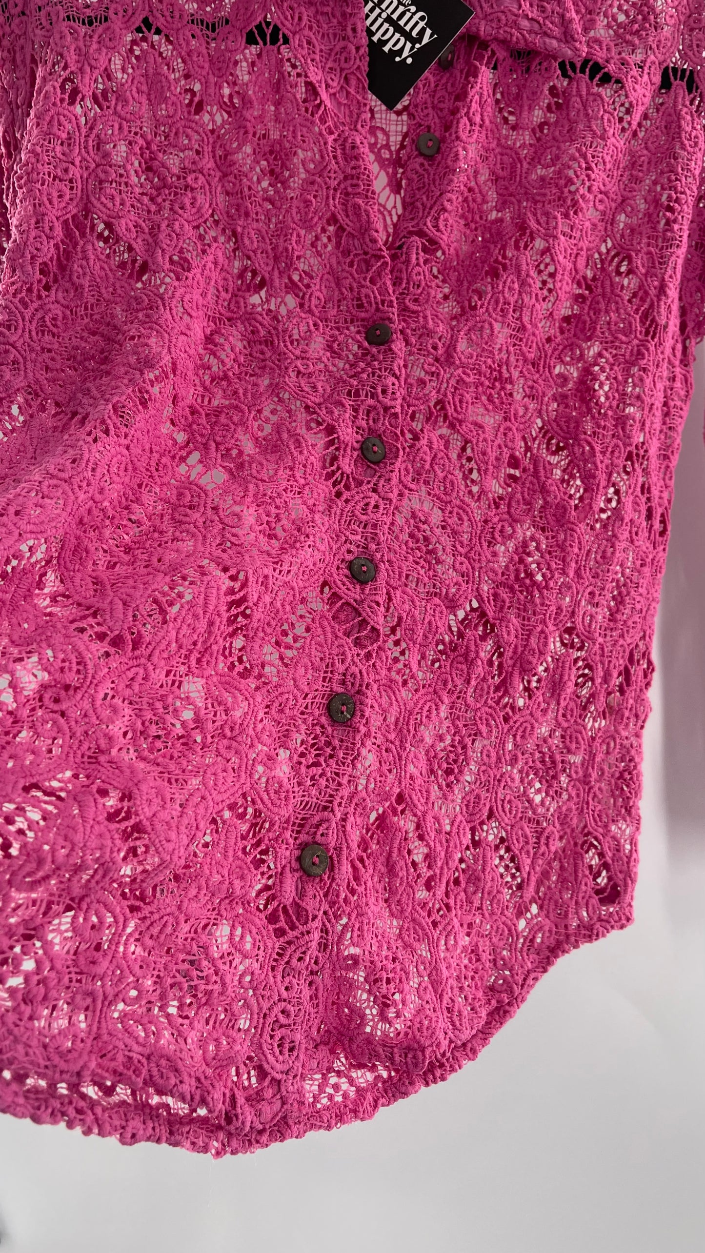 Free People Until Sunday Fuchsia Purple/ Pink Thick Lace Button Front Blouse with Coconut Buttons (XS)