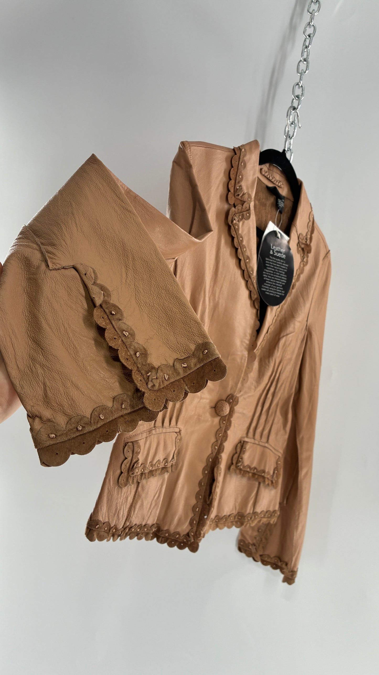 RARE Deadstock Vintage Cami Brown Thin Leather Jacket with Suede Scalloped Trim (12)