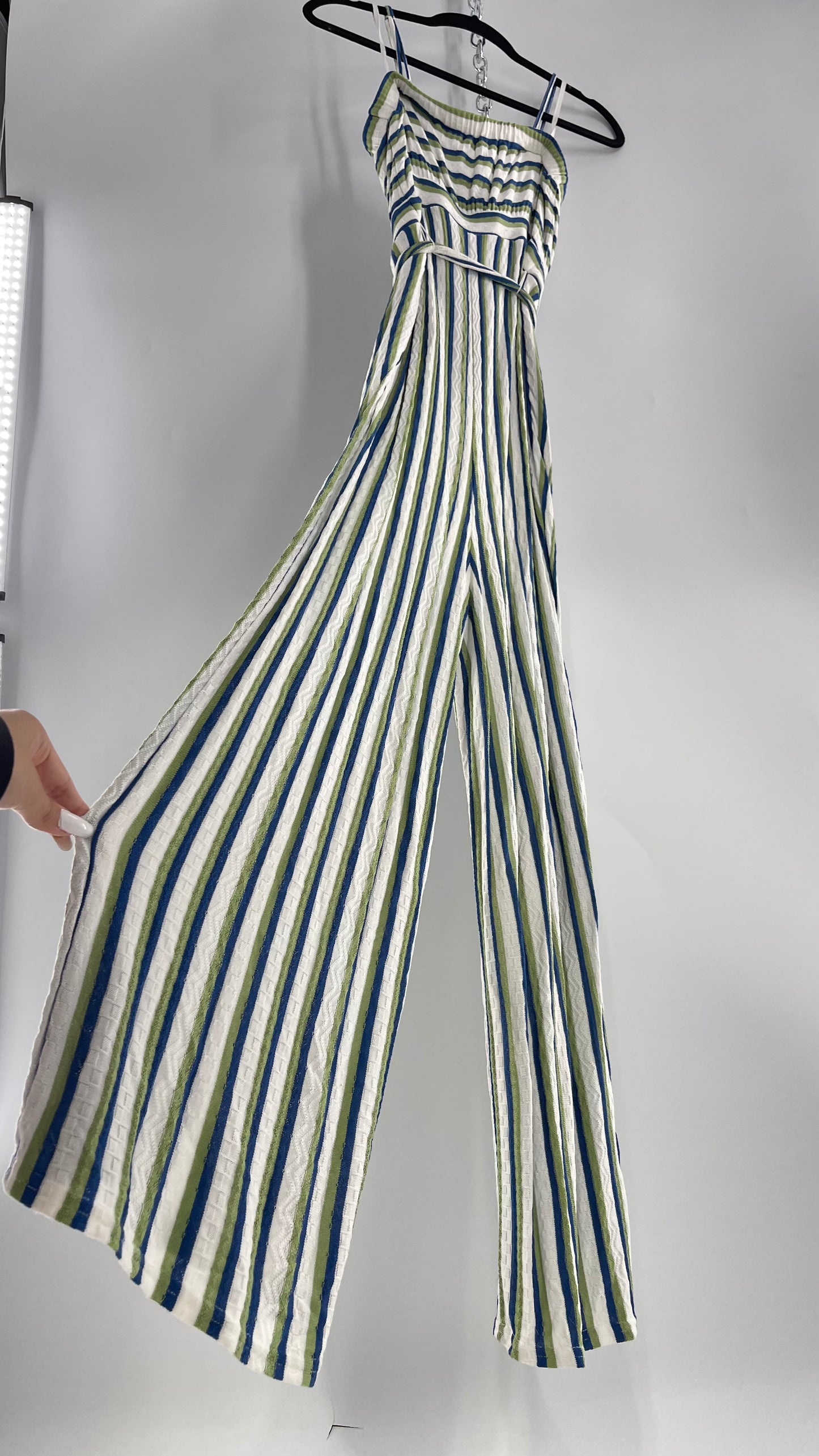 Maeve Anthropologie Woven Green/Blue/White Wide Leg Jumpsuit (Small)