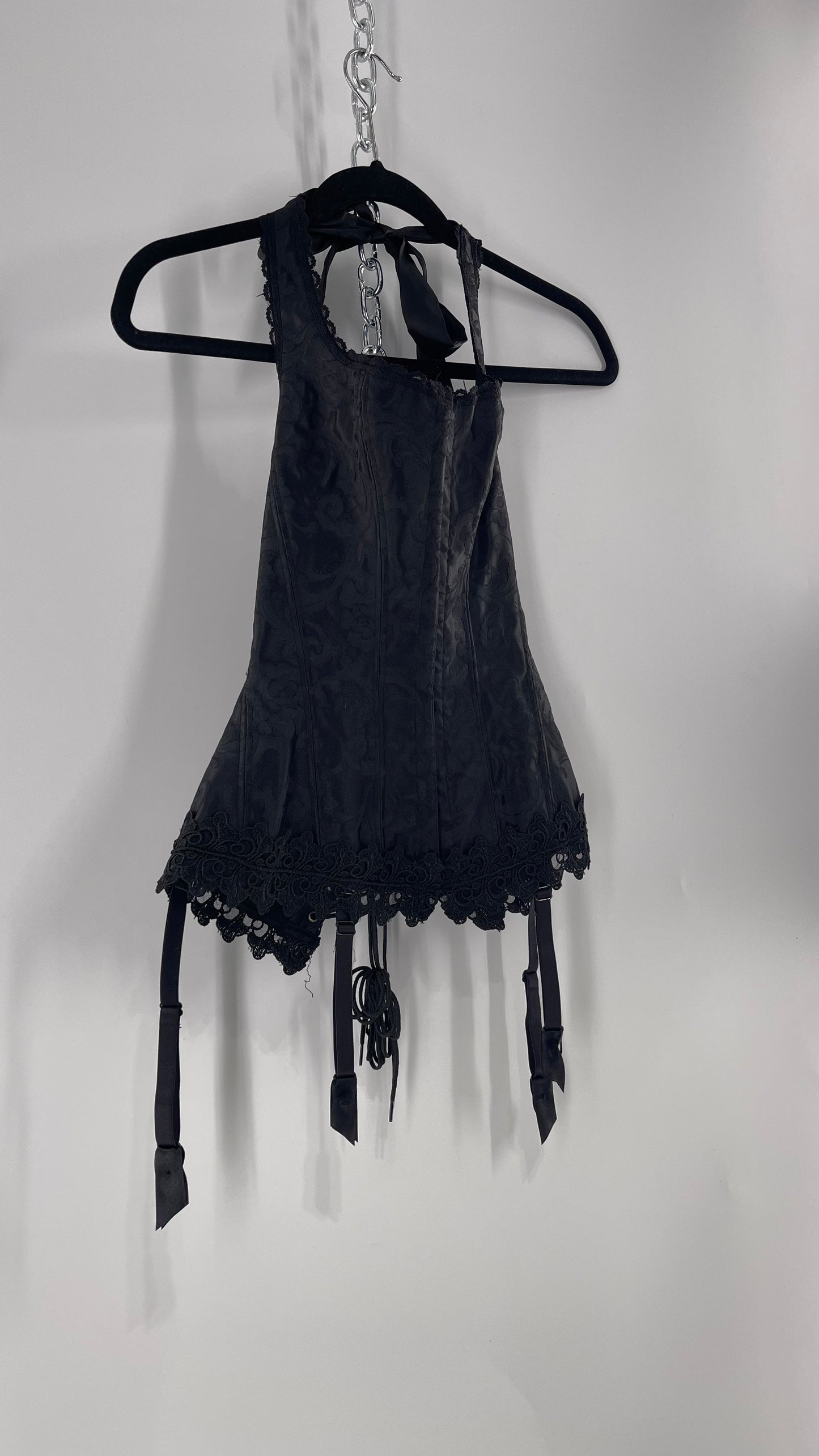 Vintage Fredericks of Hollywood Black Satin Brocade Lace Corset with Lace Tie Halter (32)