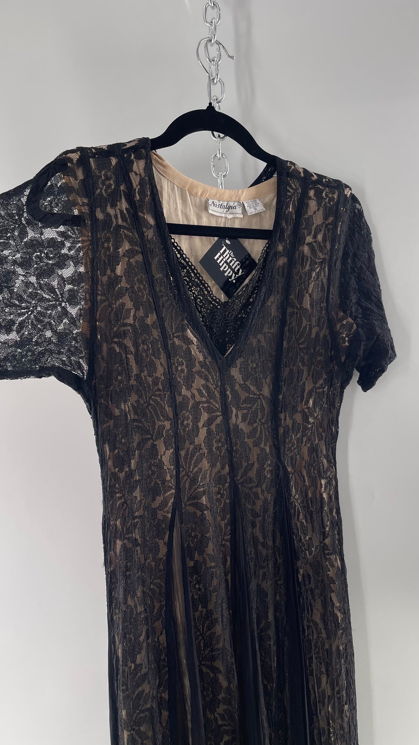 Nostalgia Vintage Black Lace Gown with Pleated Vents and Beige Underlay (Small)