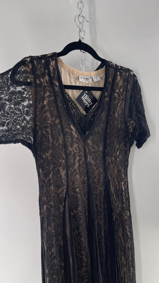 Nostalgia Vintage Black Lace Gown with Pleated Vents and Beige Underlay (Small)