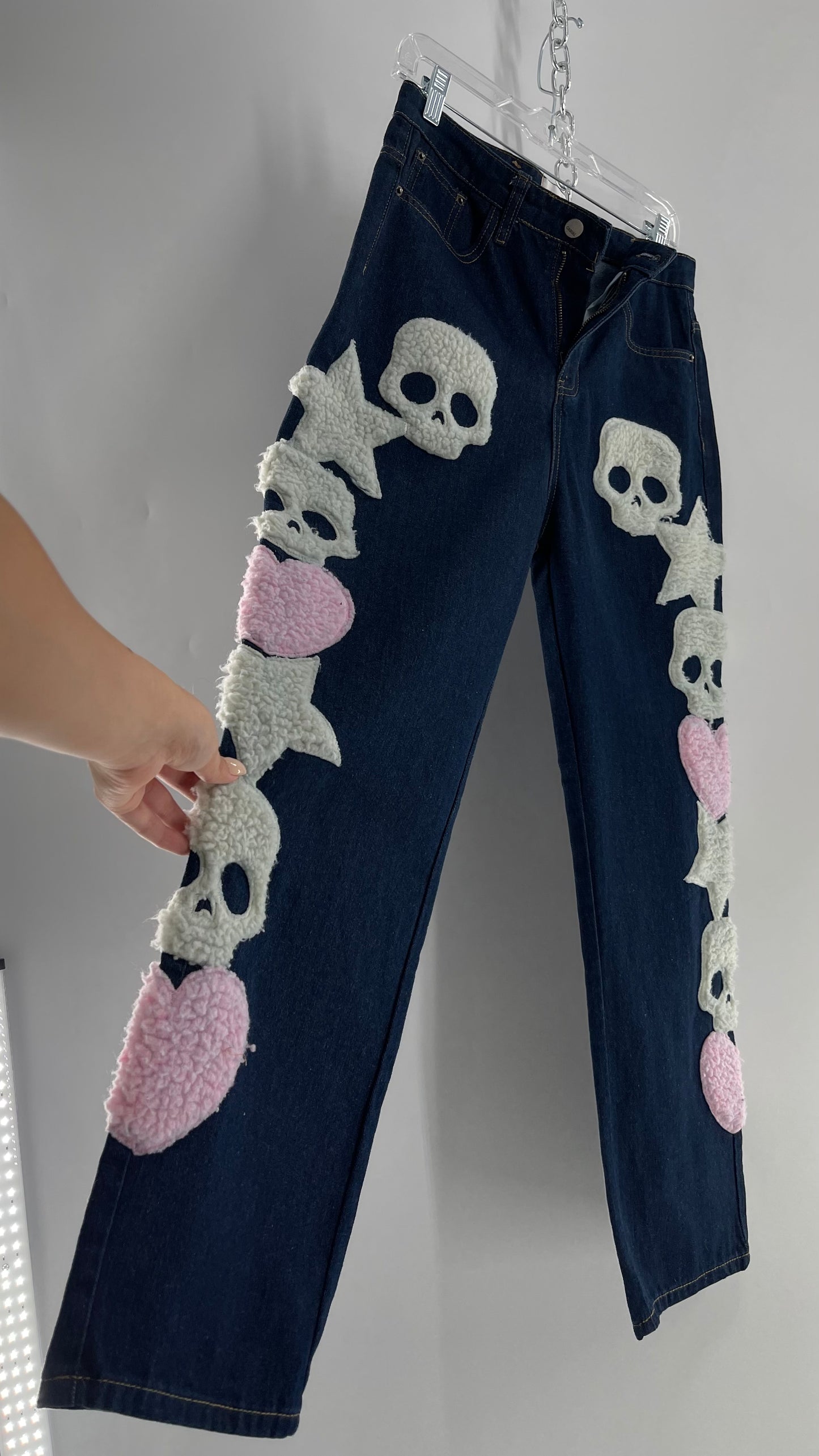 MadeExtreme Dark Wash Denim with Skull/Heart Patches and Bum Embroidery (Medium 8)