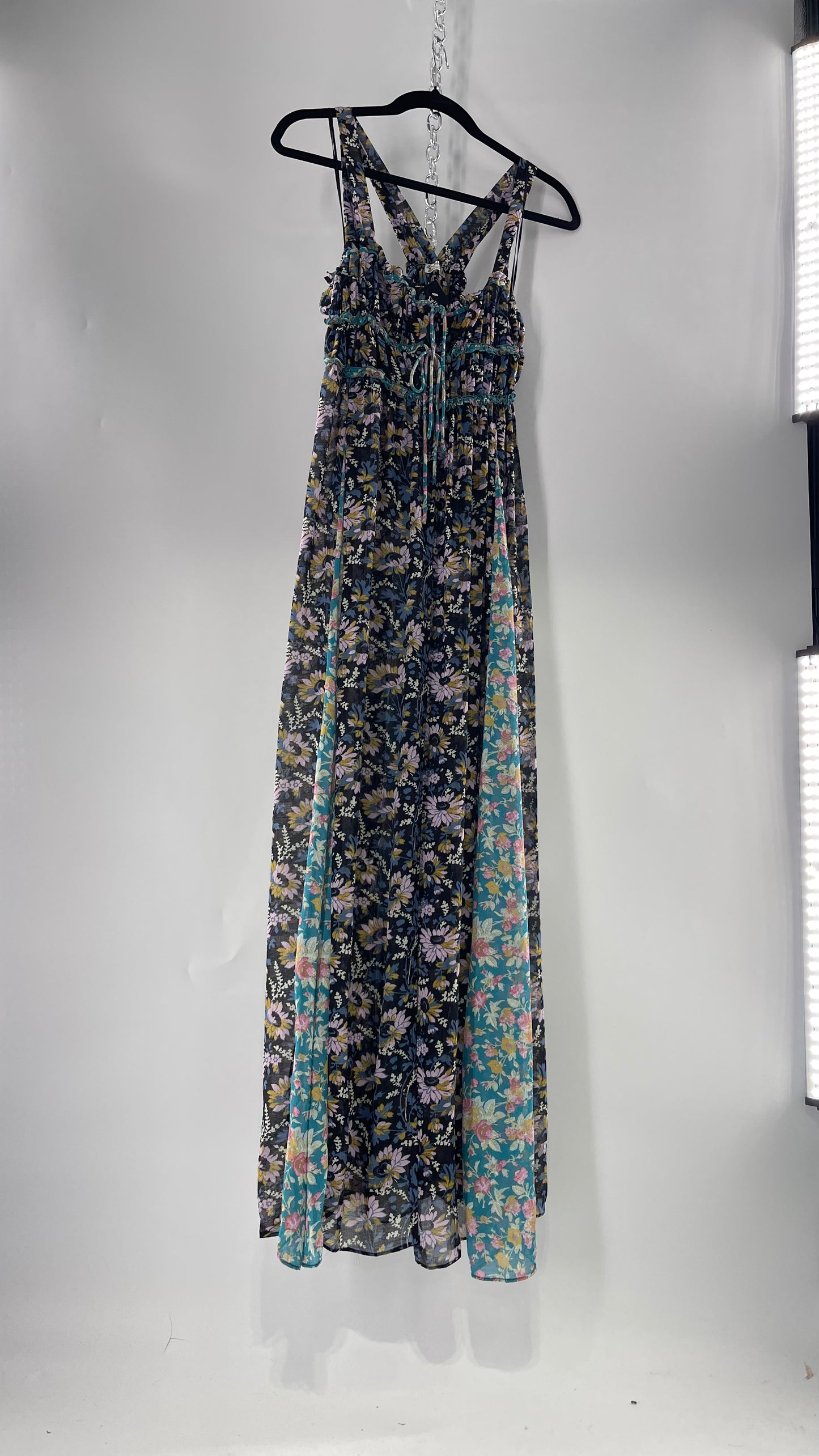 Intimately Free People Black and Teal Mixed Pattern Floral Maxi Dress with Tags Attached (XS)