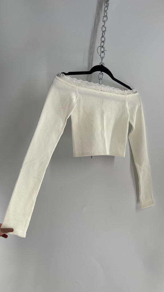 Out From Under White Ribbed Off the Shoulder Lace Neckline Long Sleeve (XS/S)