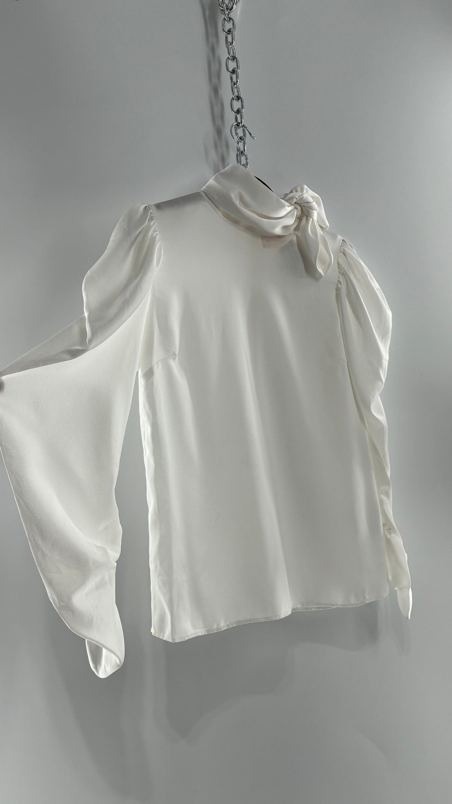 KEEPSAKE Anthropologie White Puff, Balloon Sleeve Blouse with Neck Tie Detail (XS)
