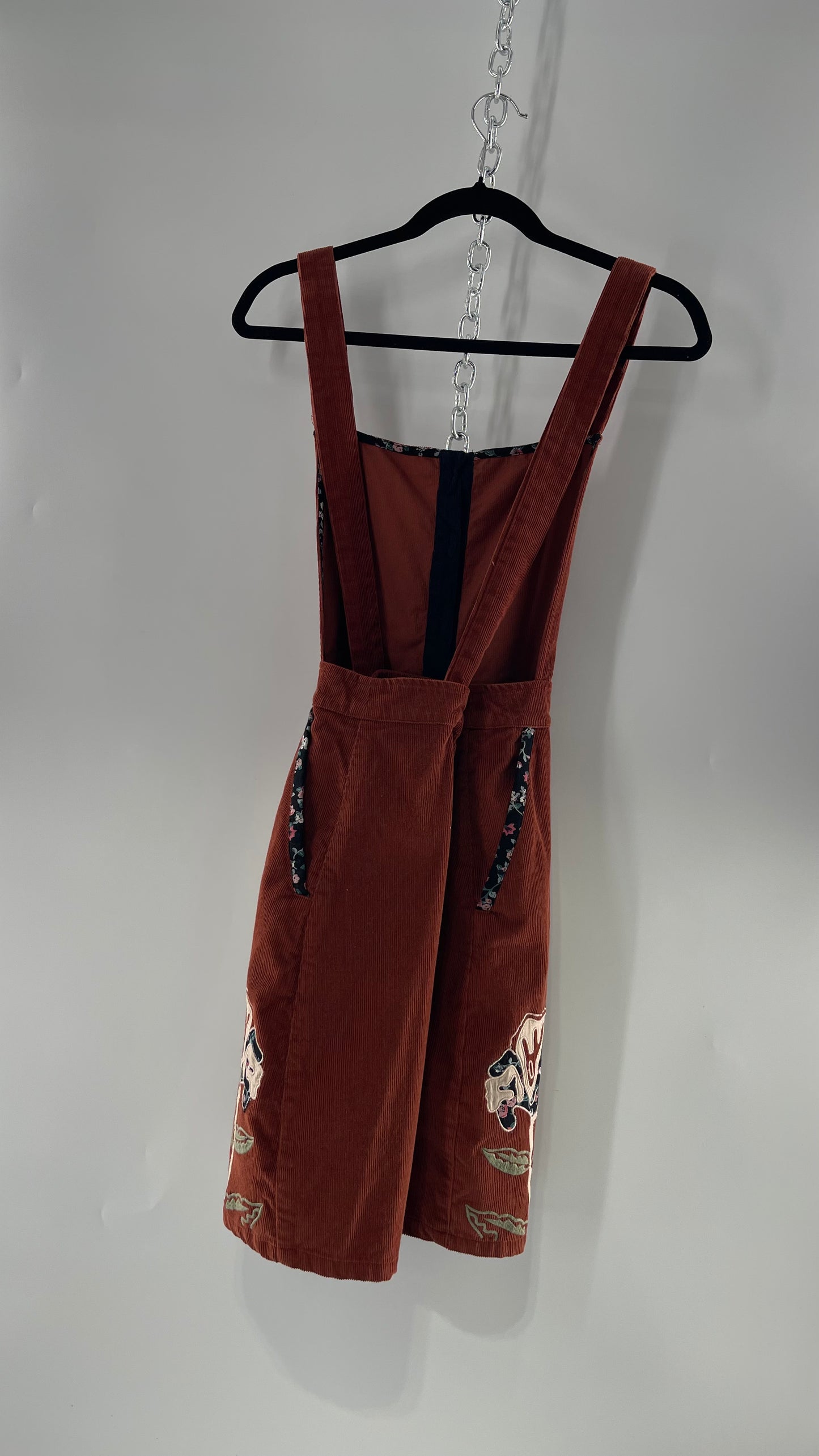 Seen. Worn. Kept. Anthropologie Terracotta Burnt Orange Corduroy Overall Dress with Embroidered Flower Details (S)