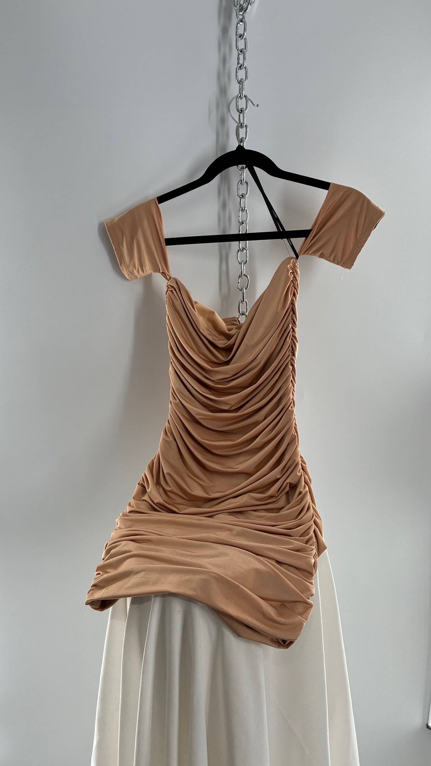 Nude Ruched Mini Dress with Arm Bands (Small)