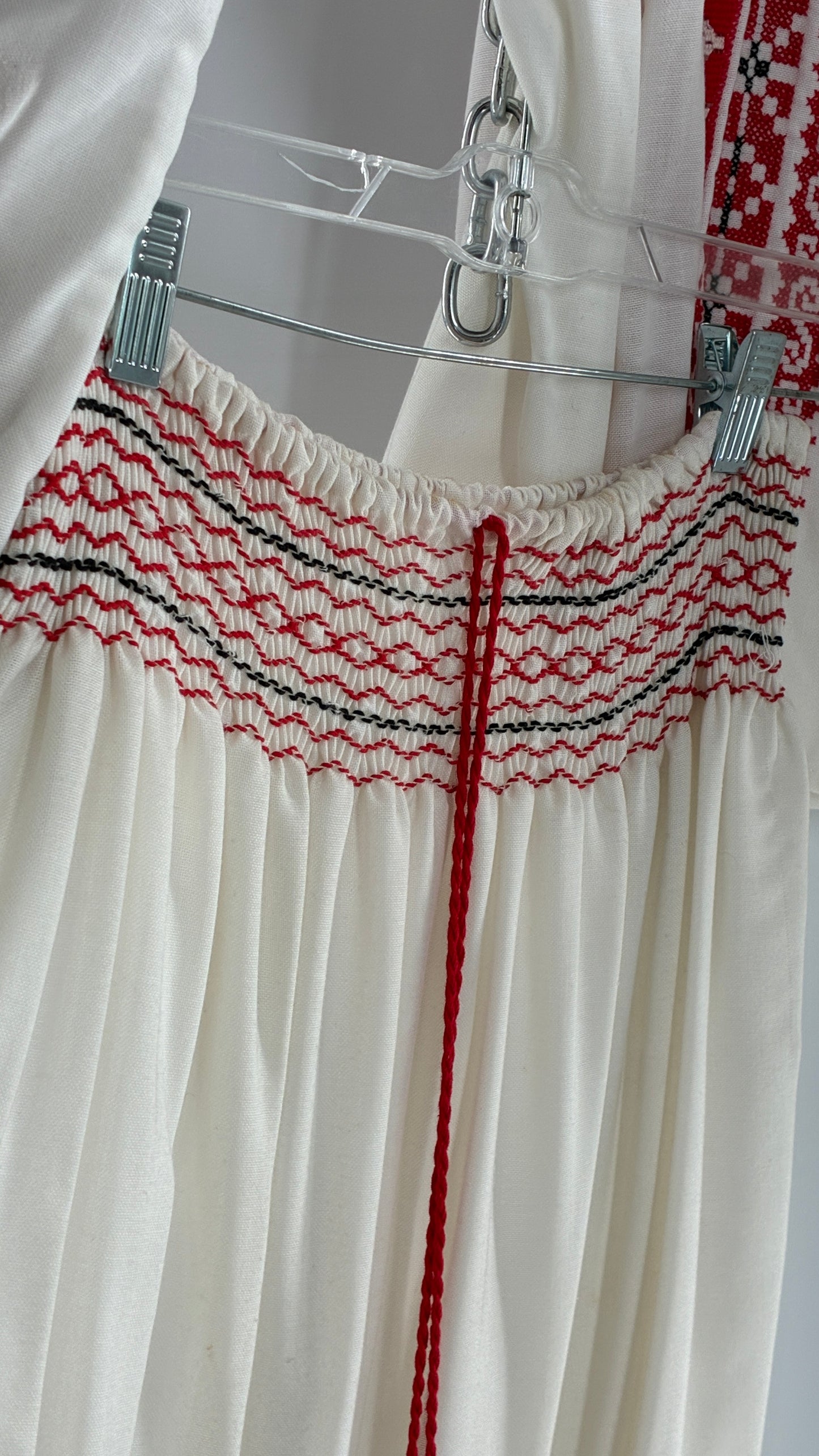 Vintage 1970s LUX FOLKLOR Budapest Handmade Cotton Long Sleeve and Skirt Covered in Red Embroidery and Stitching