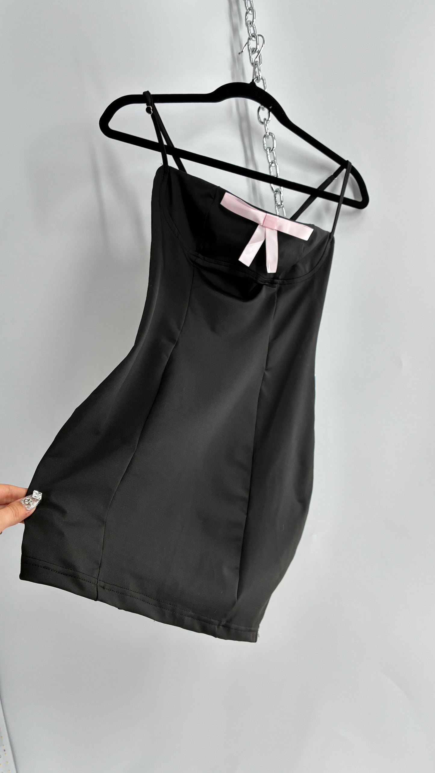 Edikted Black Satin Underbust Panel Mini Dress with Baby Pink Bow and Tags Attached (XS)