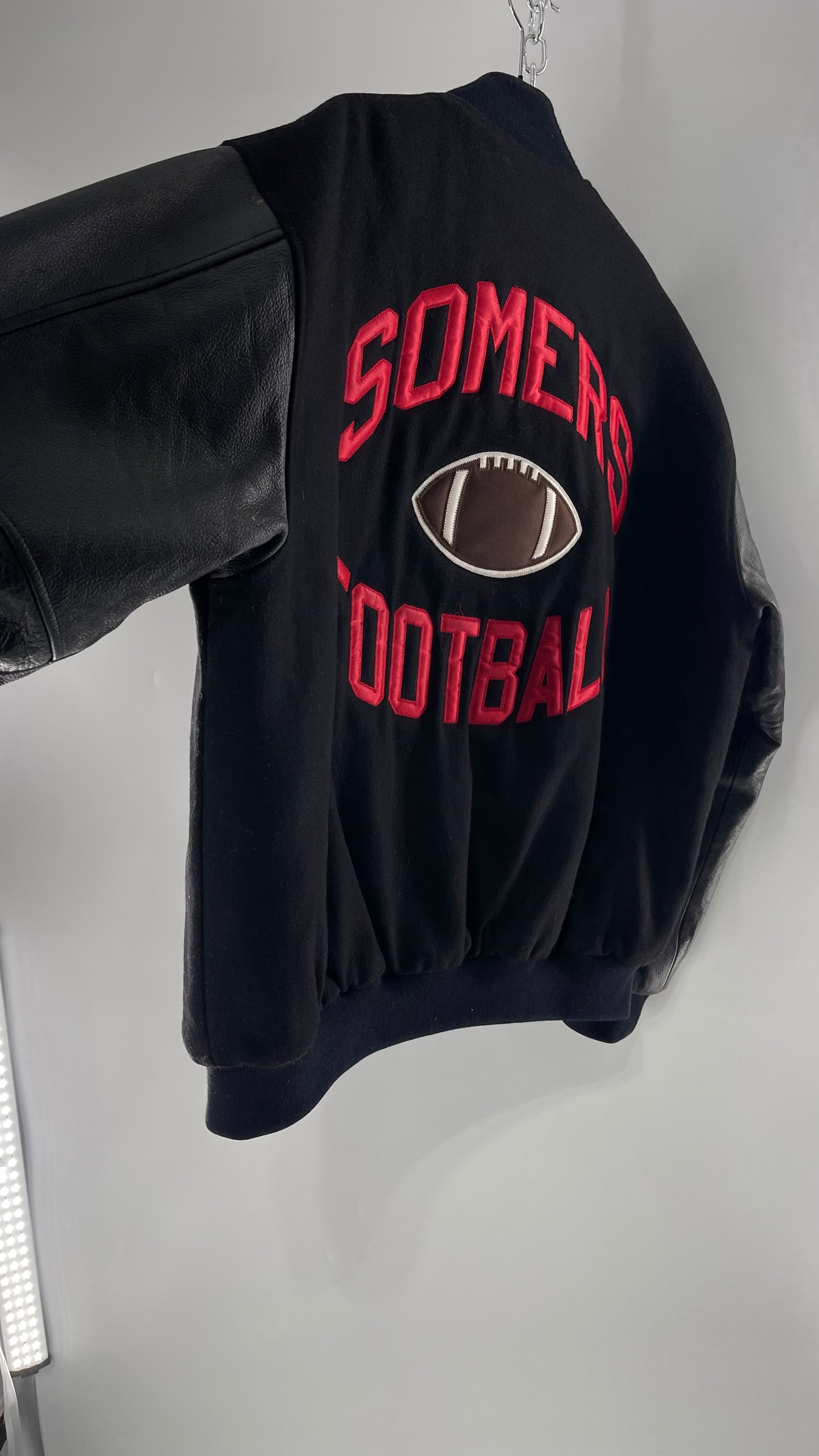 Vintage Somers Football Varsity Jacket with Leather Sleeves “Matt” Embroidery and Red Lettering (XL)