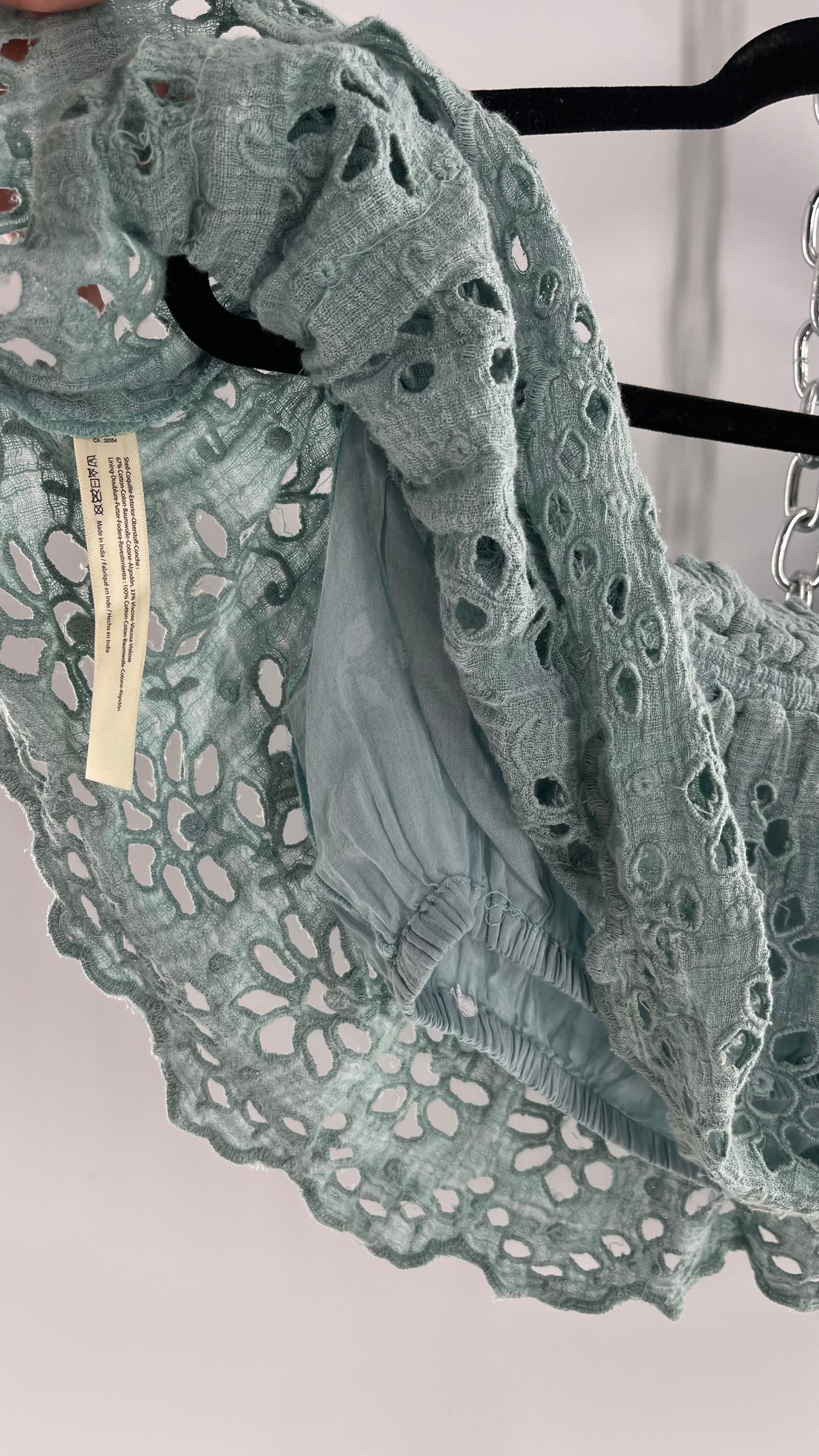 Free People Eyelet Cotton Teal Blue Off the Shoulder Ruffle Bandeau (Medium)