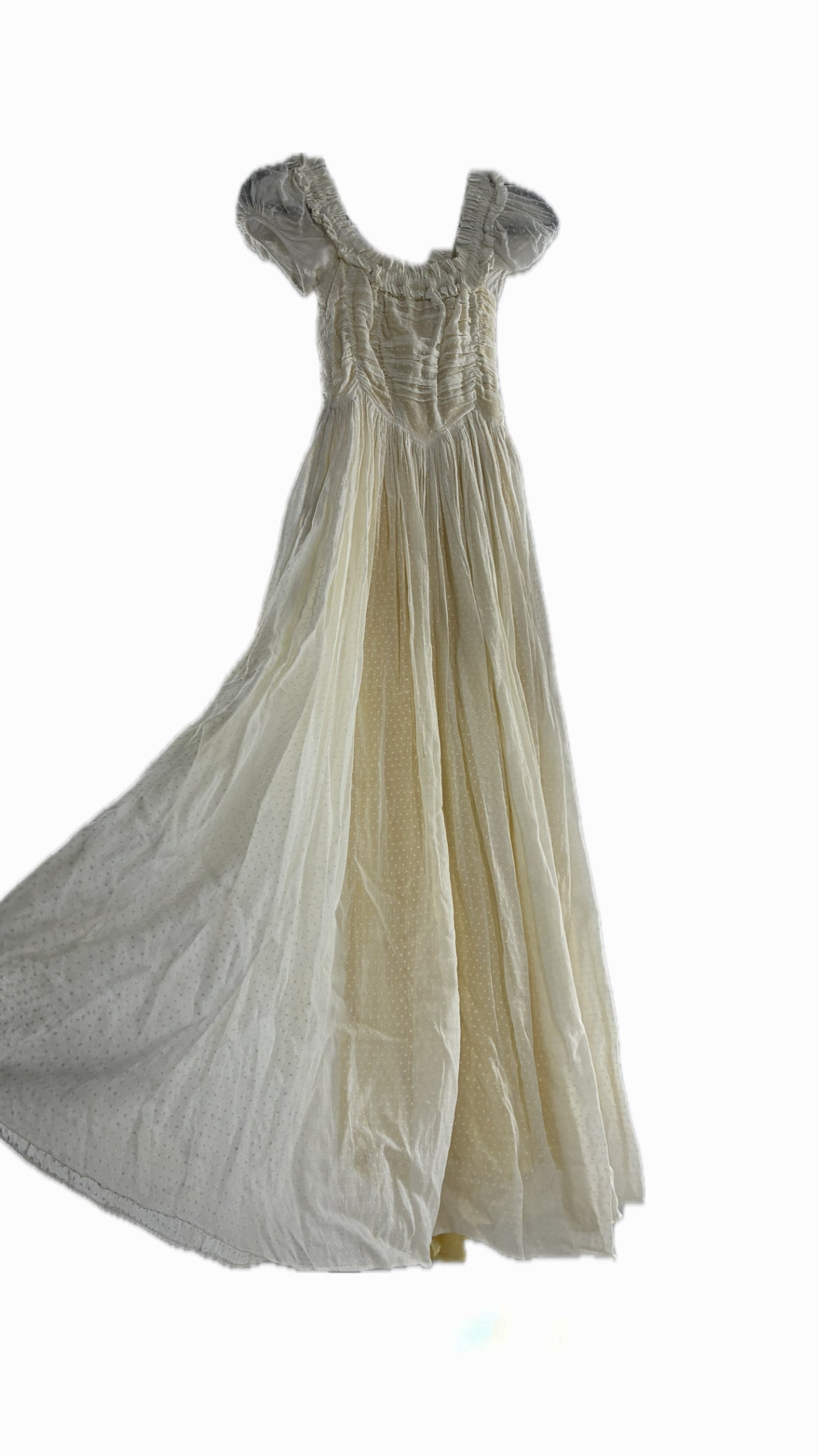 Vintage 1970s Off White Cotton Handmade Maxi Dress with Ruched Bodice, Puff Sleeves, and Polka Dot Texture (XS/S)