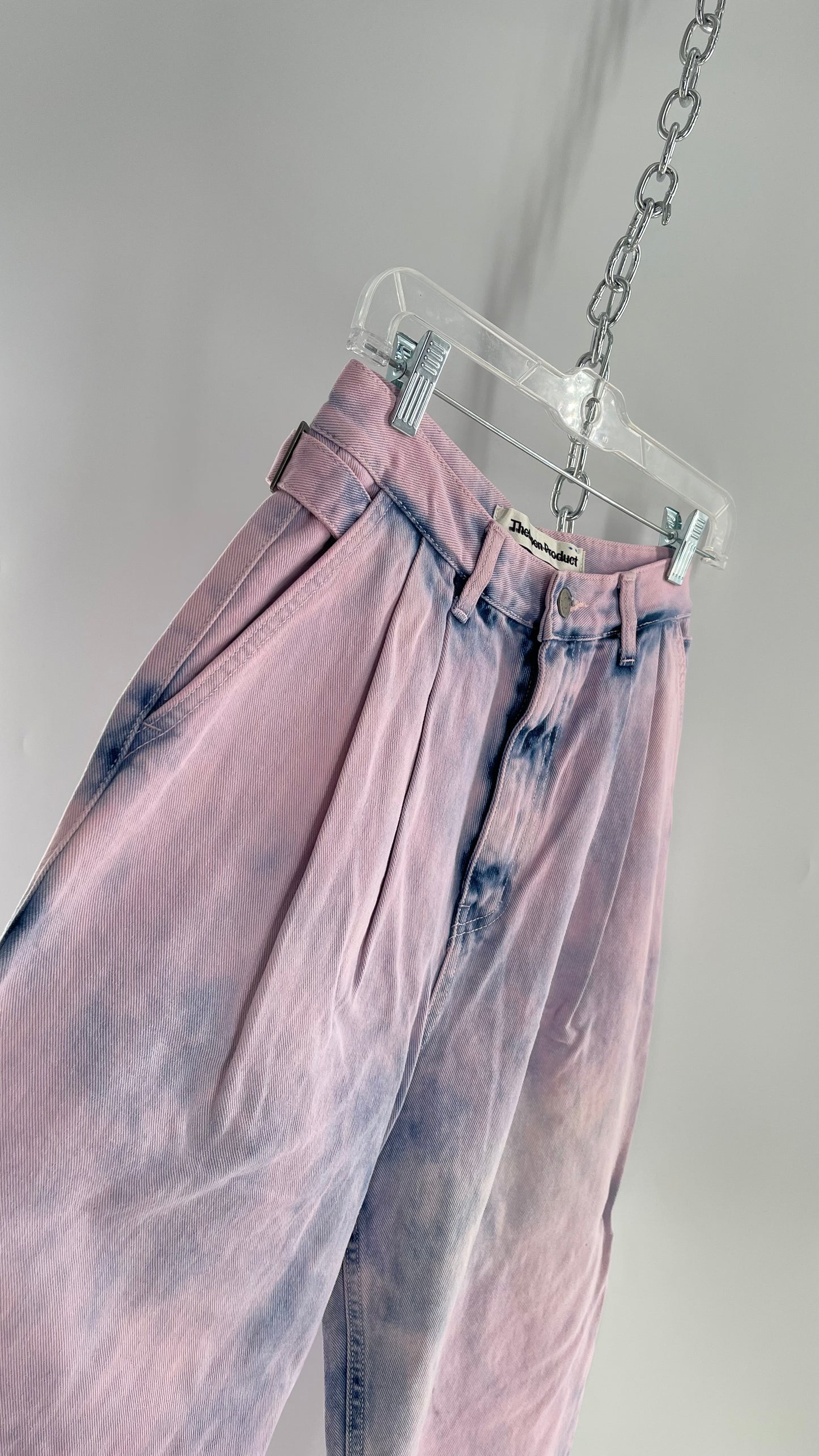The Open Product Pink/Blue Acid Wash Jeans with Waist Pulls and Pleats (1)