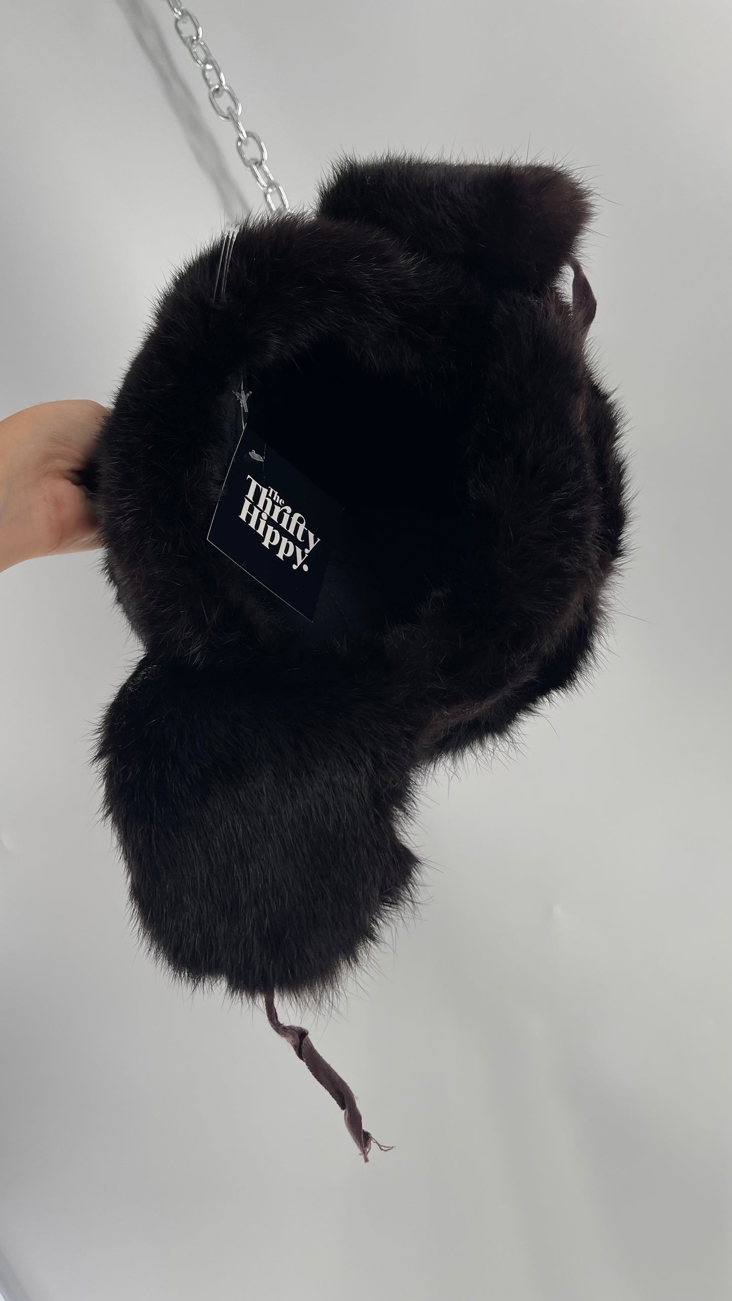 Vintage Russian Black Genuine Rabbit Fur Roller Hat with Pull Down Ear Muff Flaps