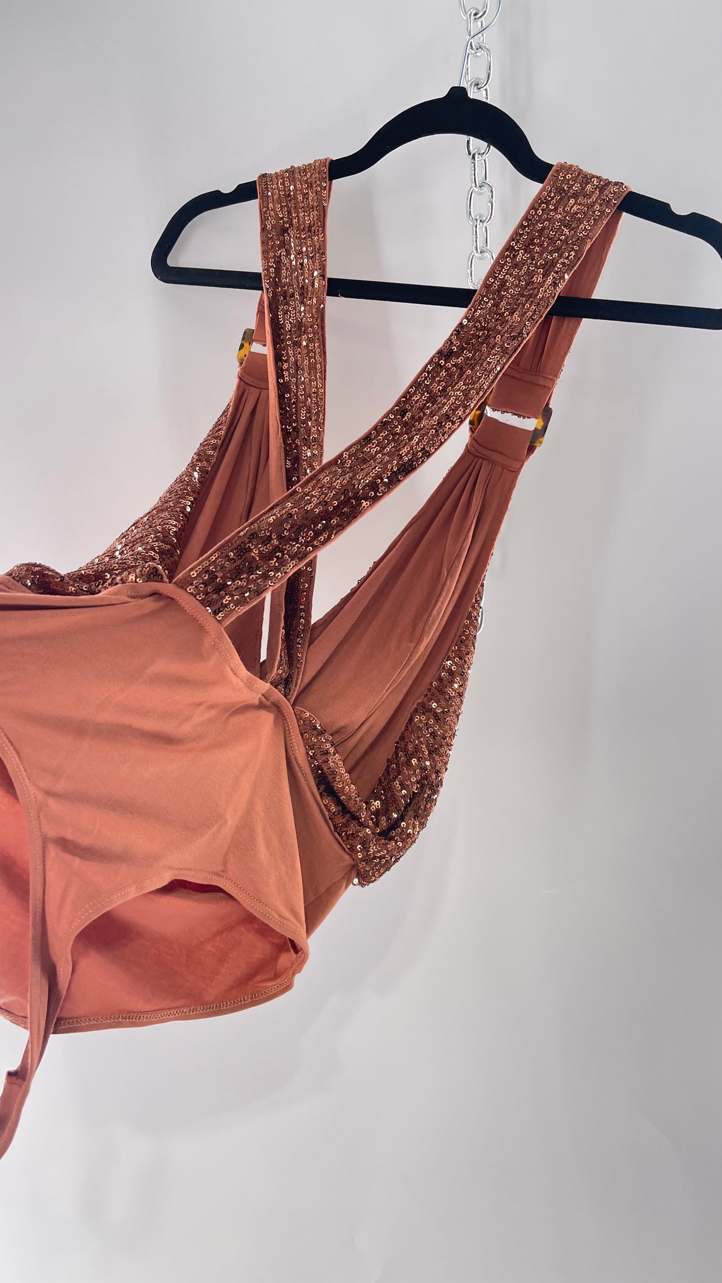 Free People Copper Sequin Draping Bodysuit with Tortoise Shell Buckle Detail (Medium)