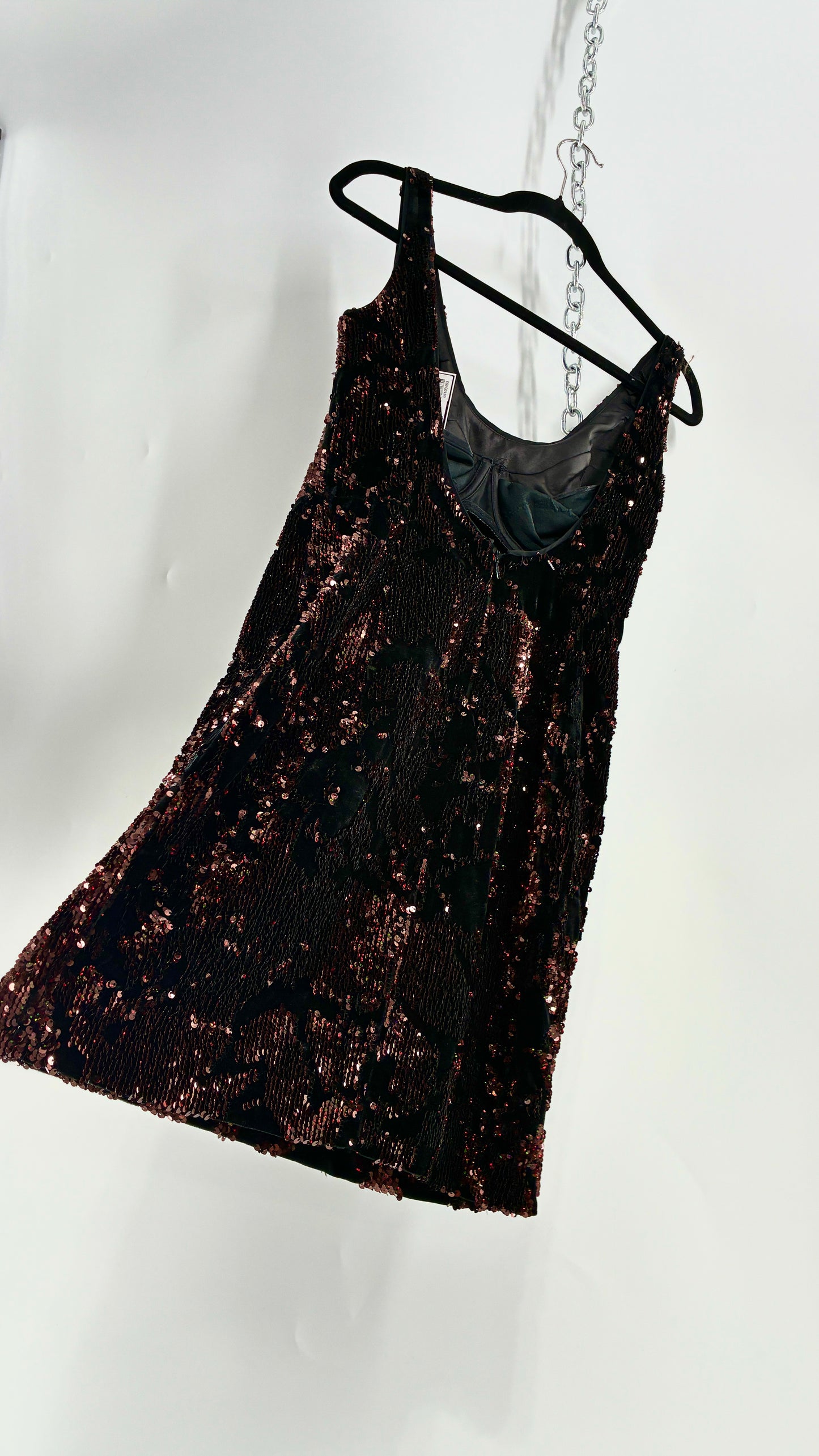 MILLY Cora Velvet, Black and Rose Gold Sequin Mini Dress with Built in Corset (4)