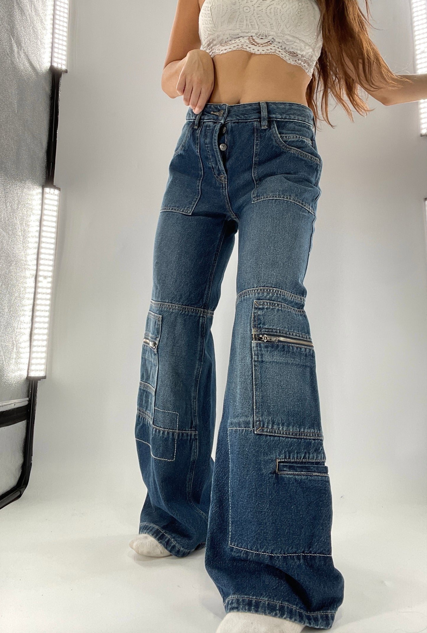 Free People Medium Wash Baggy Straight Legs Jeans Covered in Zippers, Pockets, Stitching (28)