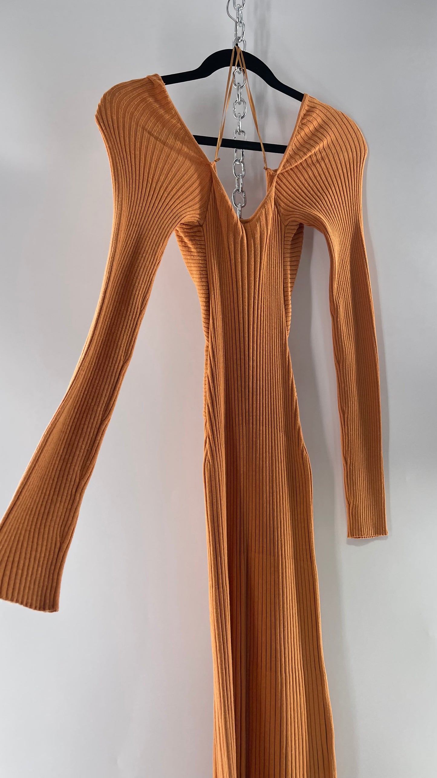Free People Orange Ribbed Knit Maxi Dress with Cross Over Exposed Midriff Dress (Medium)