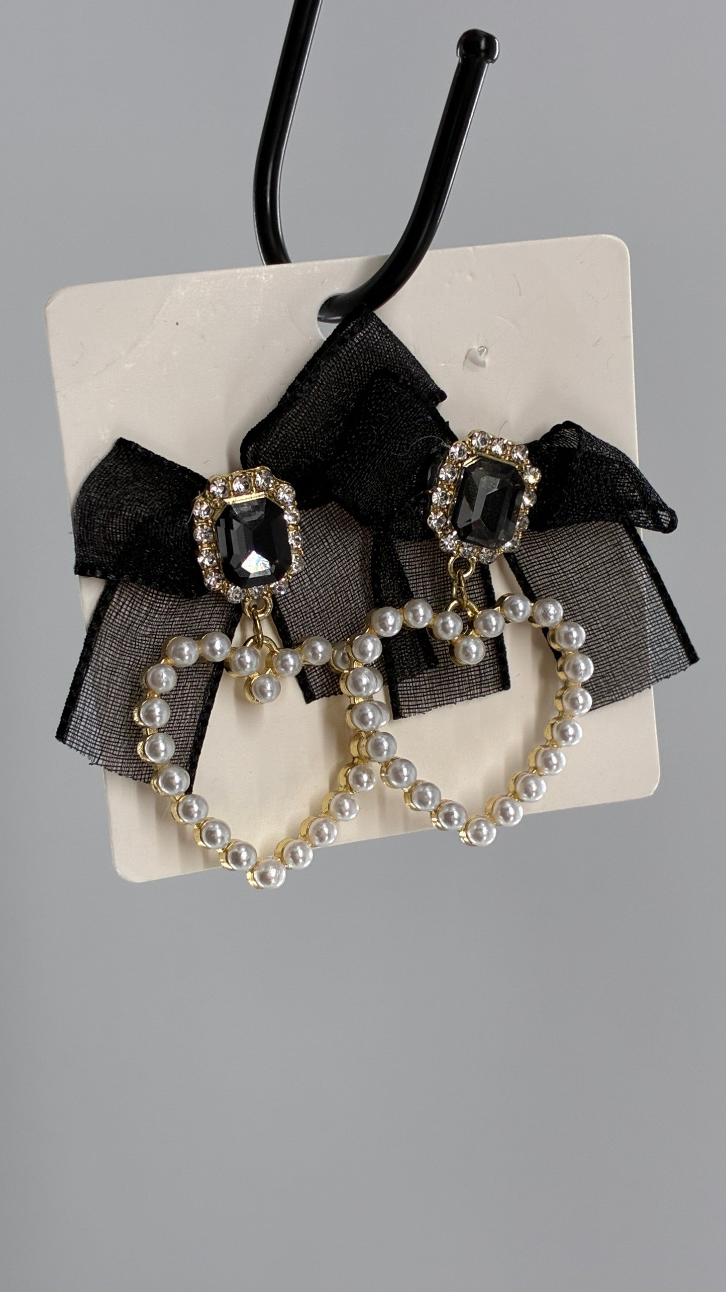 Pearl Lined Heart Earrings with Black Ribbon Bows