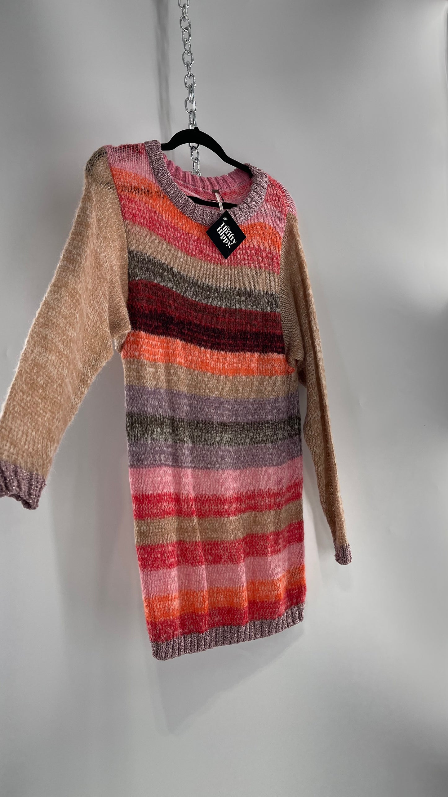 Free People Striped Sweater with Glitter Knit Cuffs and Collar (XS)