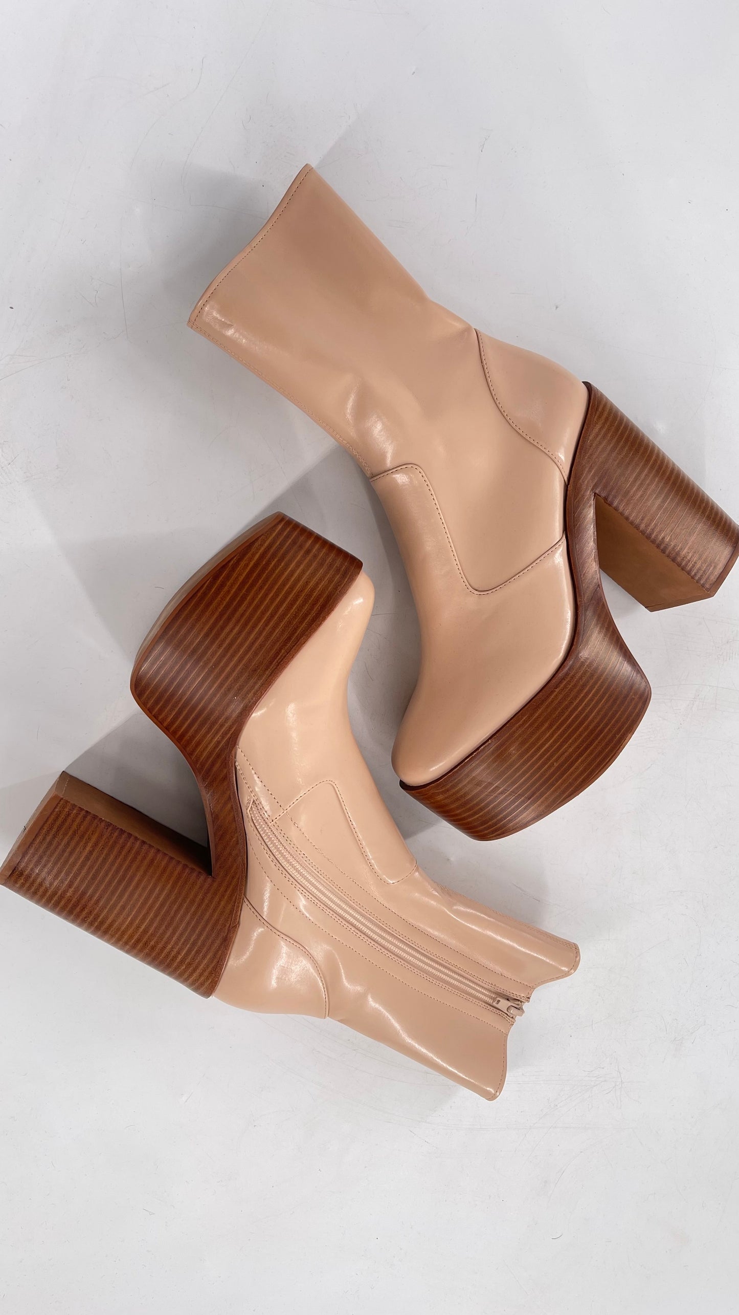 Free People X Jeffrey Campbell Mexique GoGo Boots • Beige Patent Boot with Wood Grain Chunky Block Heel and Platform (9)
