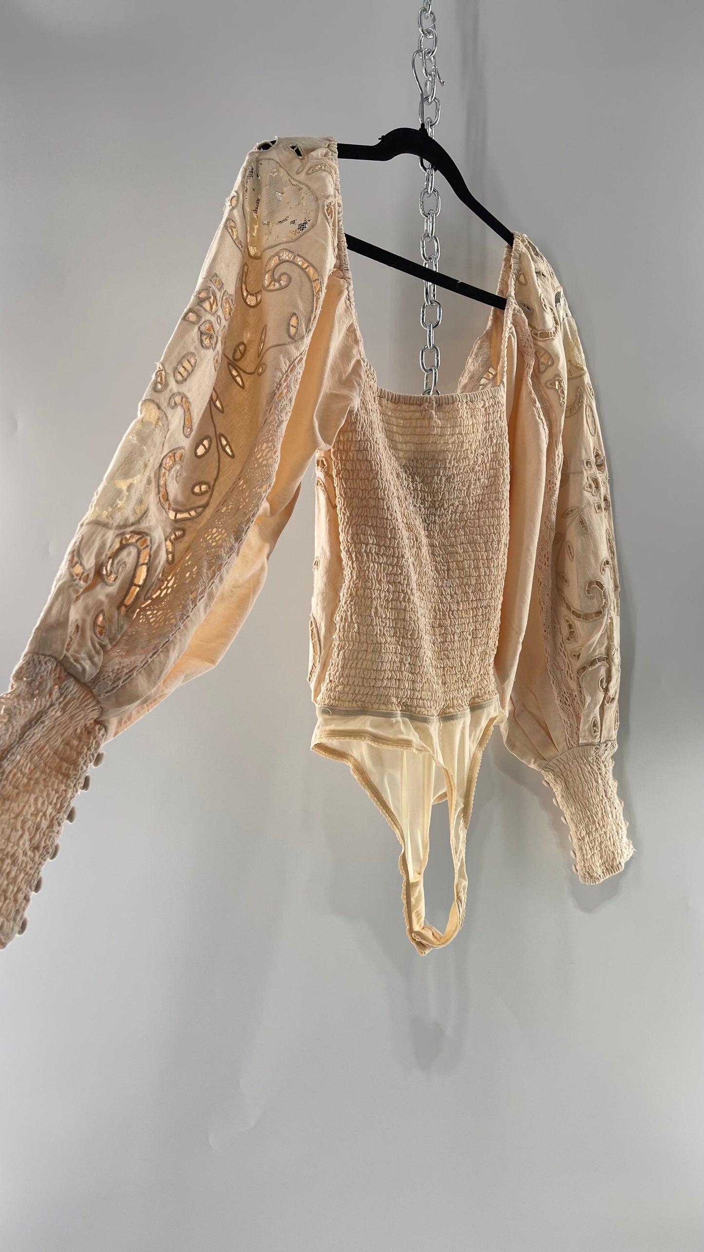 Free People Off White Cotton Bodysuit with Embroidered Lace Balloon Bishop Sleeve and Smocked, Buttoned Cuffs (Large)