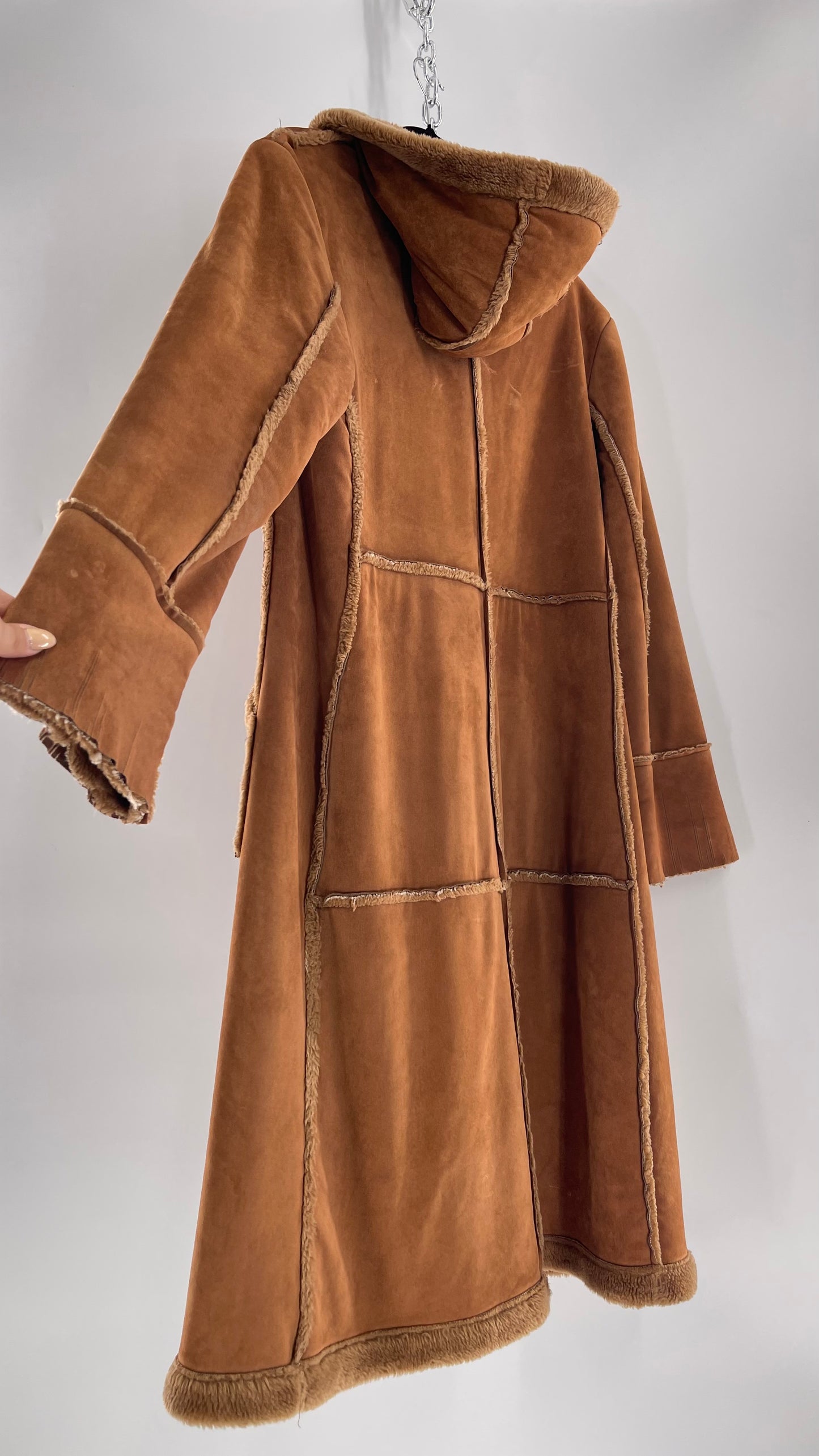 Vintage Faux Suede Long Hooded Coat with Fur Trim/Piping (C)(Medium)