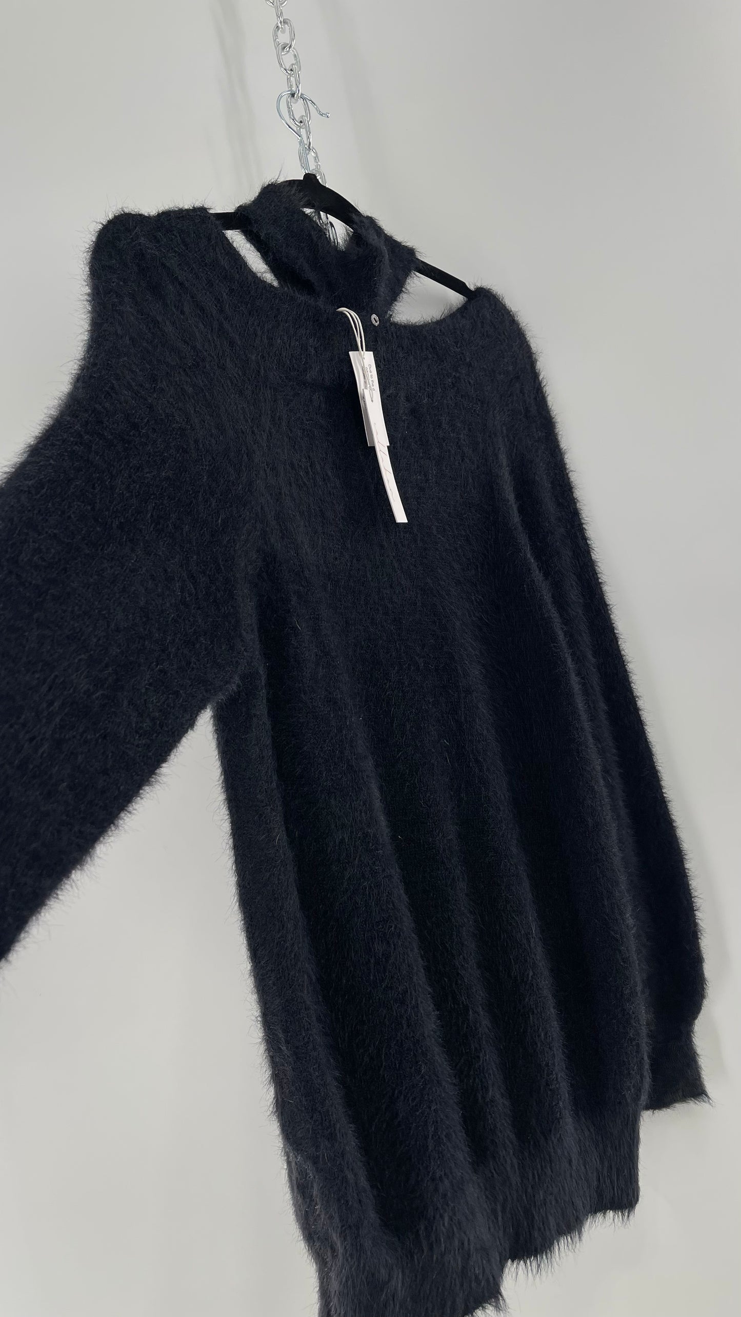 Callahan Black Fuzzy/Shaggy Slouchy Sweater with Choker Neckline Detail (Small)