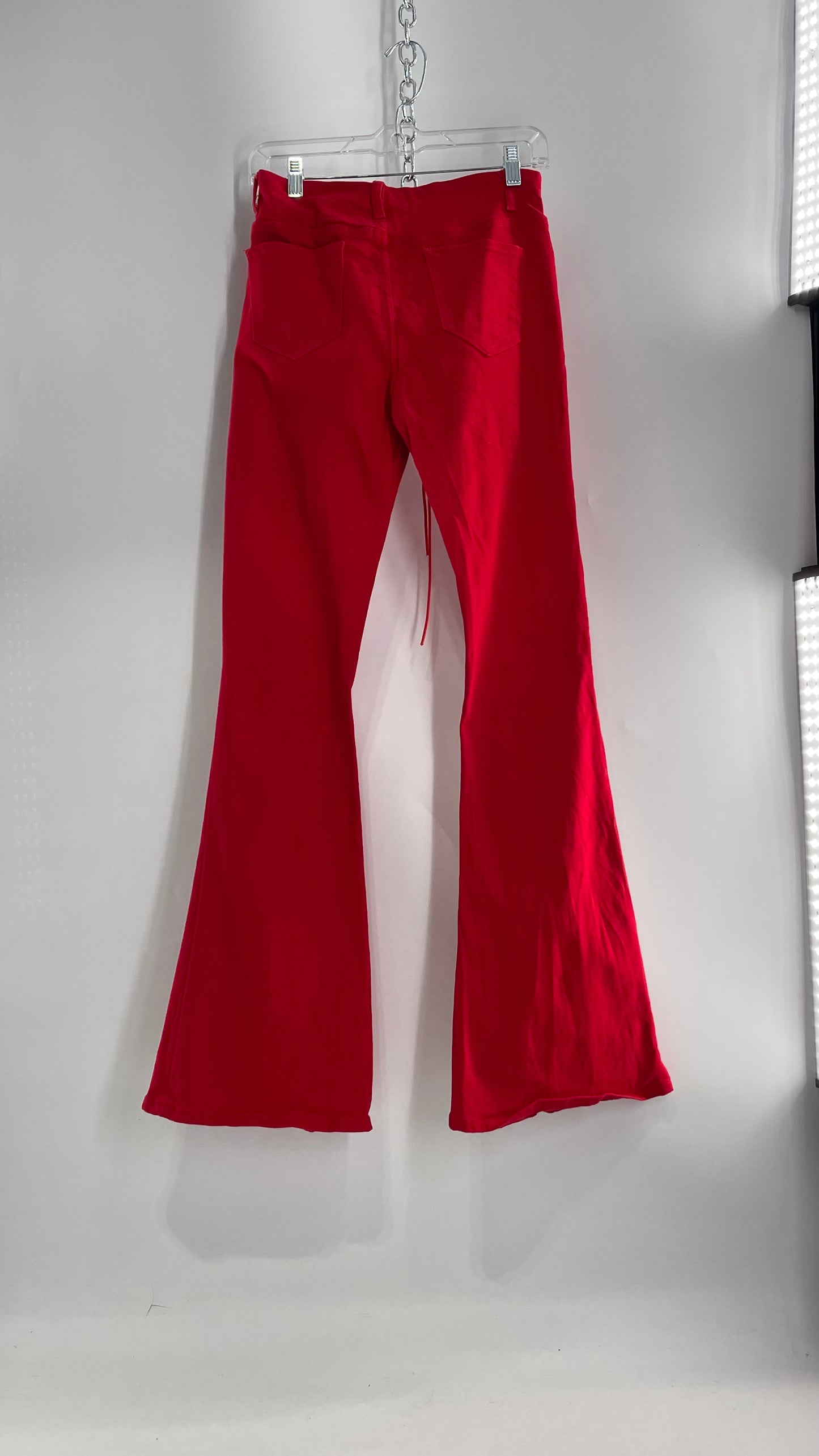 Edikted Rockstar Red Kick Flare Bell Bottoms with Lace Up Thigh and Waistline Detail (Large)