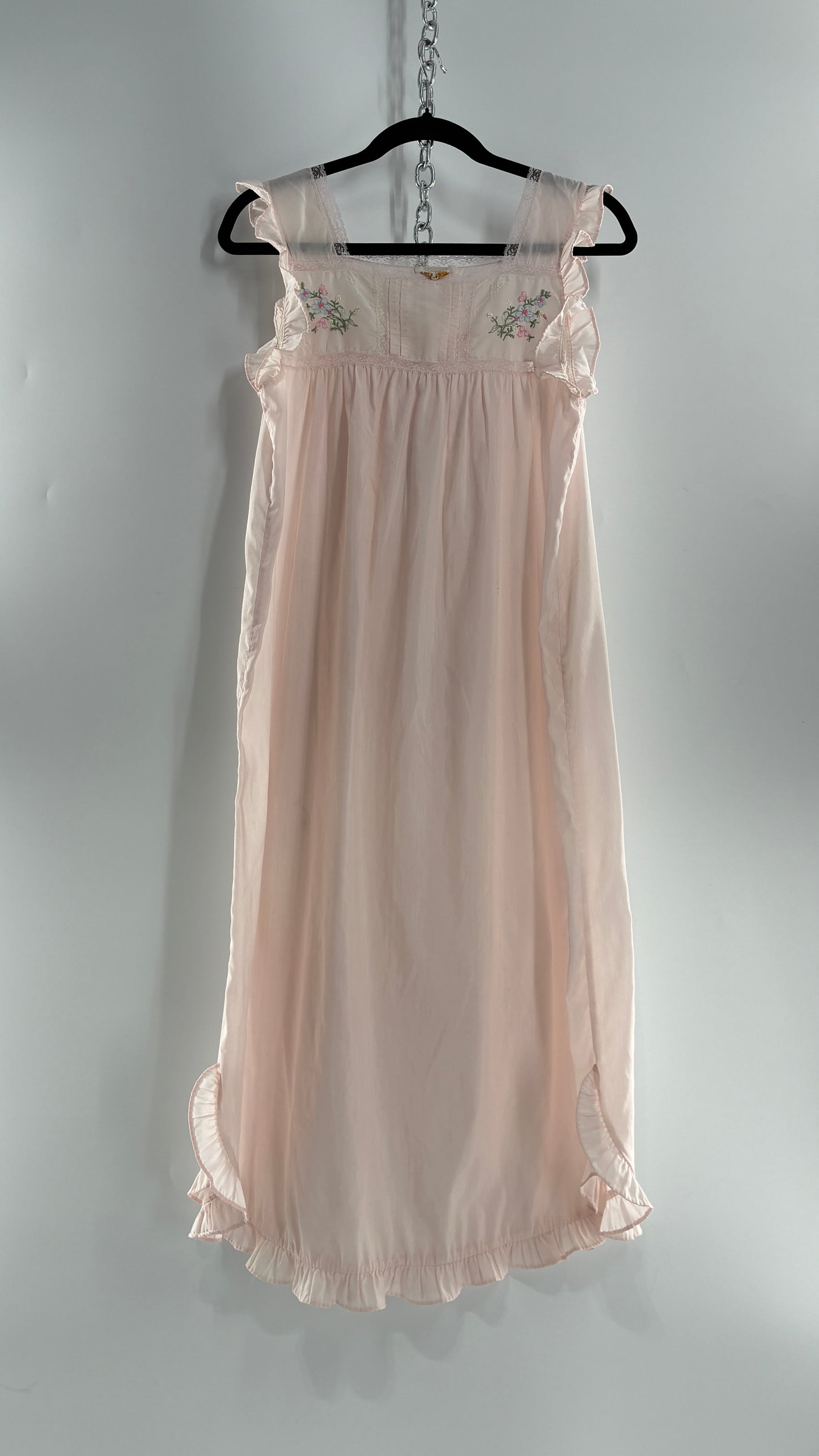 Vintage Barbarie Baby Pink Nightgown Style Dress with Embroidered Florals and Ruffled Straps