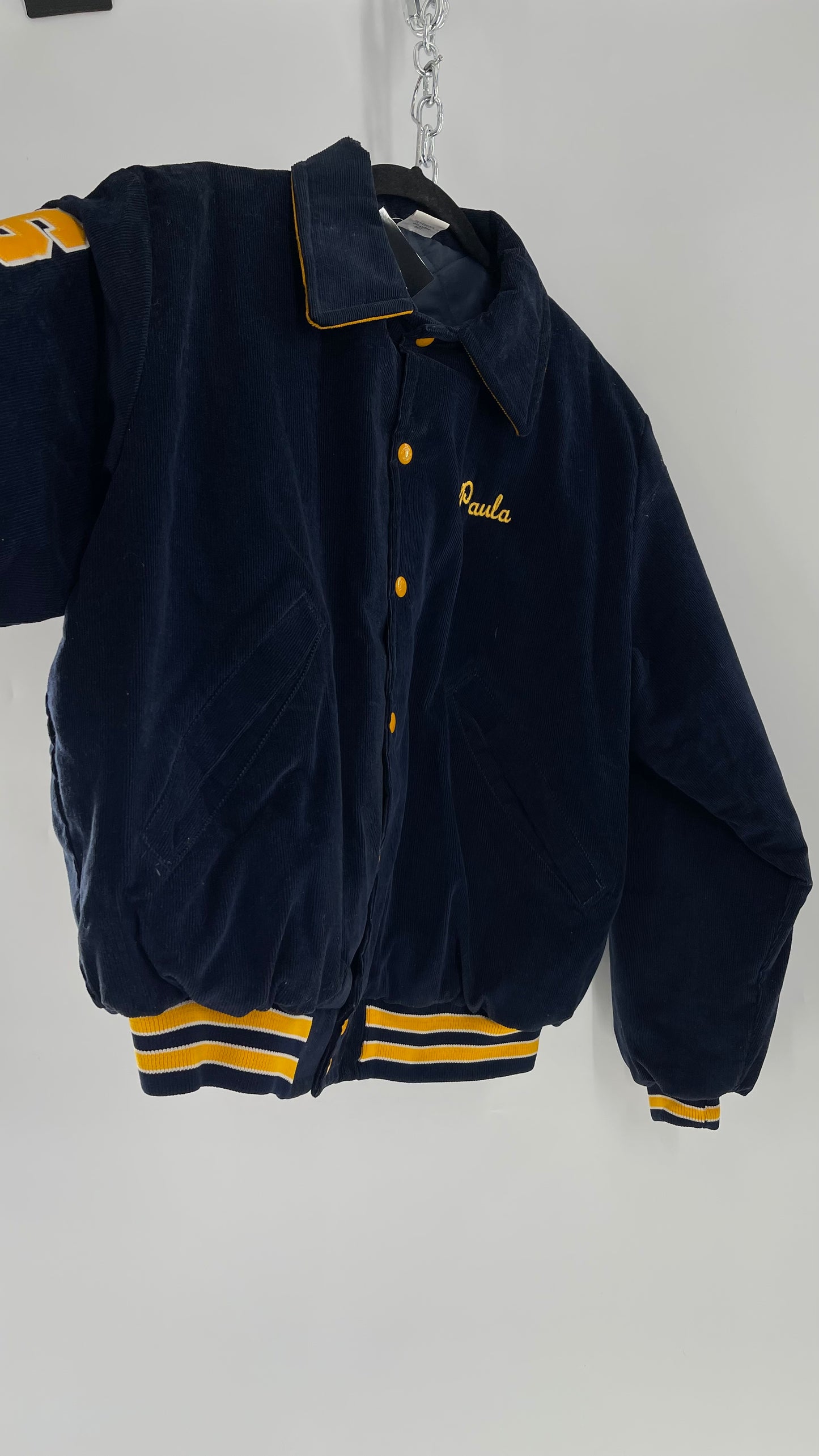Birdie Vintage Phi Sigma Sigma Navy Blue Corduroy Varsity/Sorority Jacket with Contrast Yellow Patches and Embroidered “Paula” Monogram (Large)