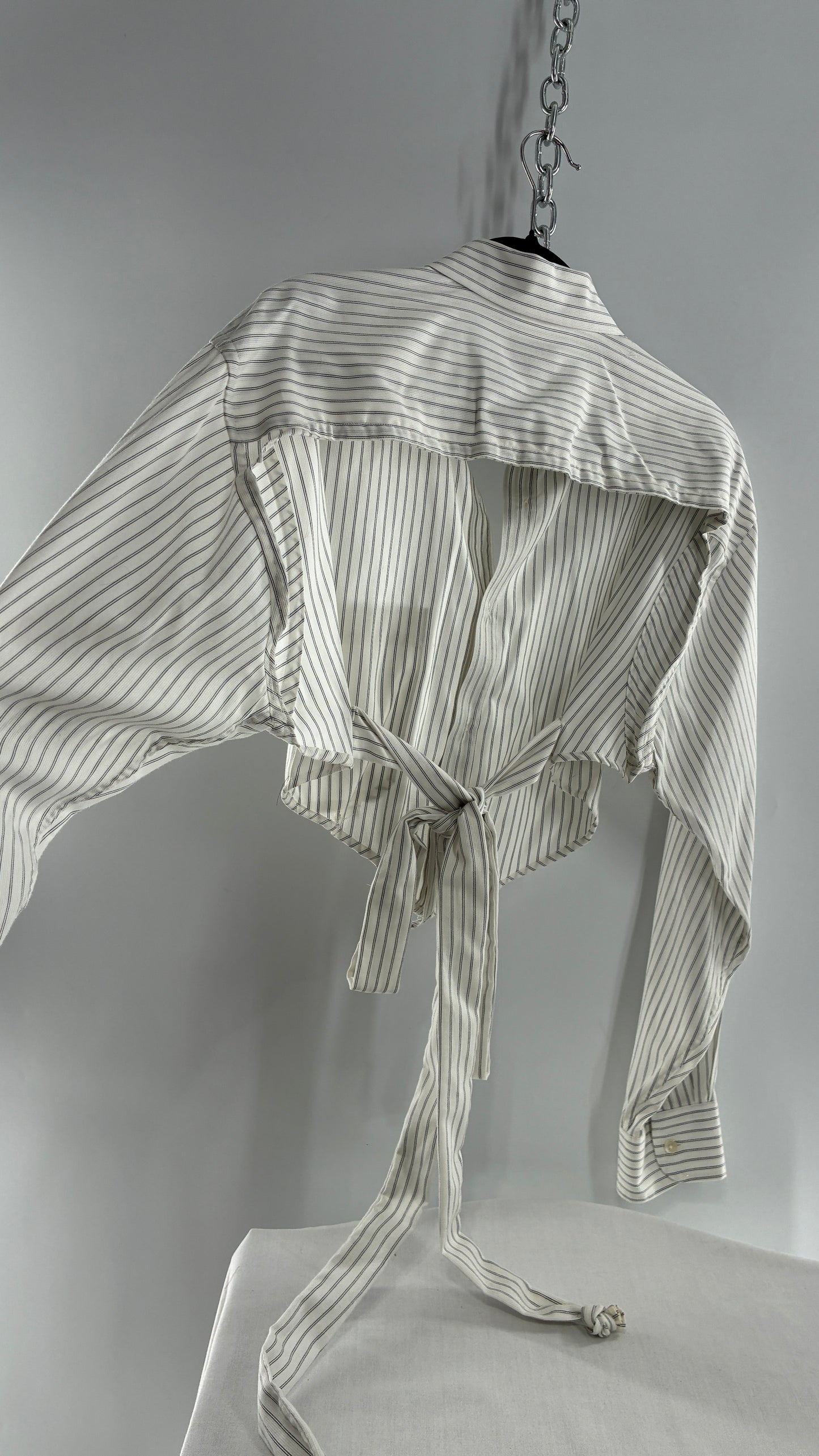 Vintage CALVIN KLEIN Reworked Button Front Backless White Striped Blouse (One Size)