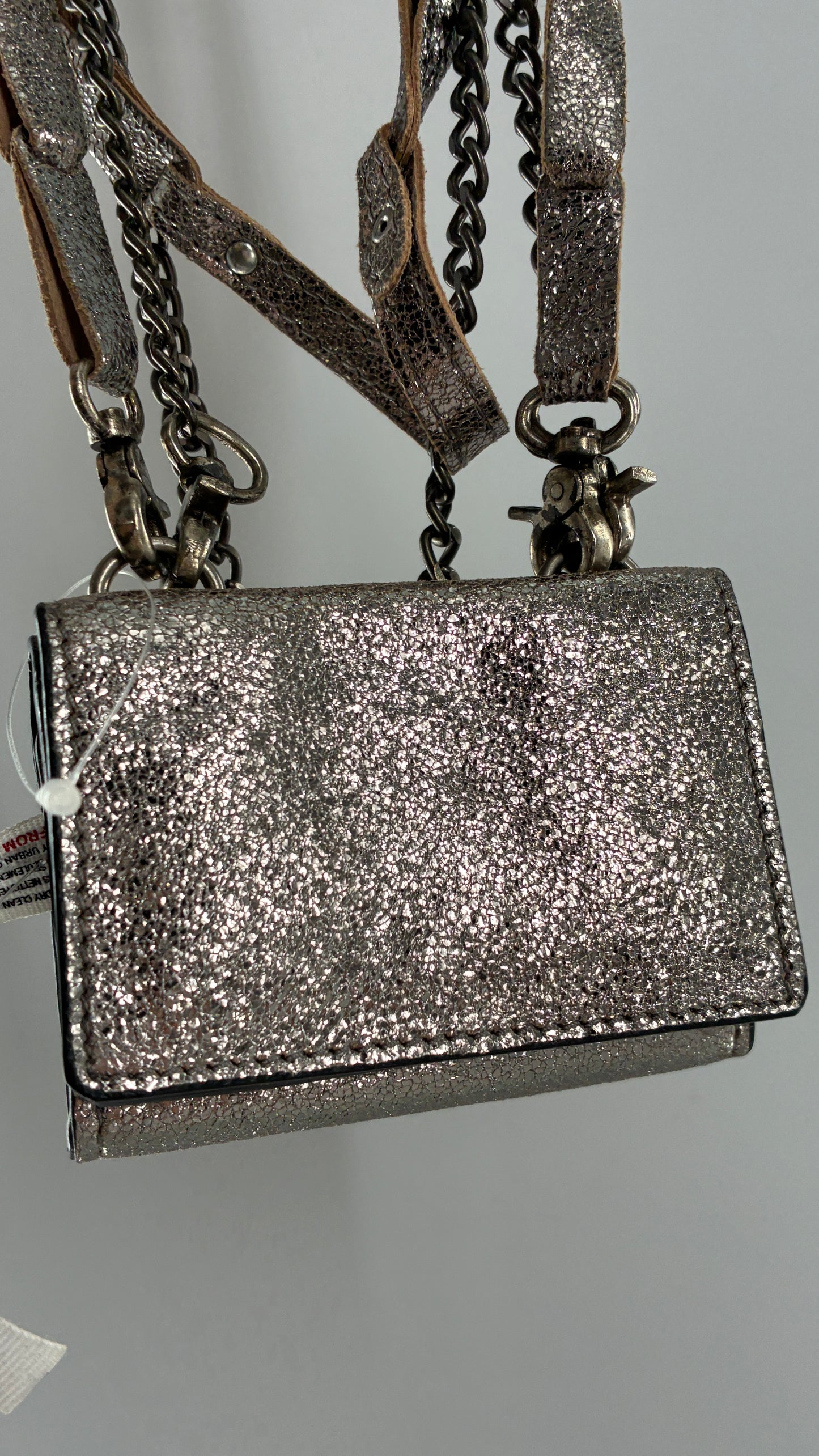 Free People Silver Gun Metal Metallic Goat Leather Wallet with Leather and Chain Straps